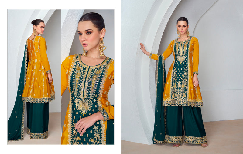 Woman in Mustard Yellow and Dark Green Embroidered Palazzo Suit.