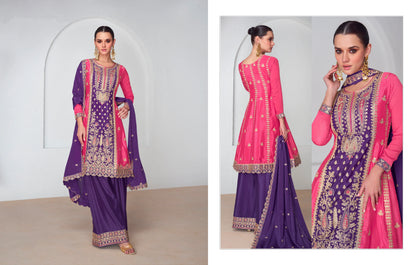 Purple and pink Chinnon Silk palazzo suit with embroidery.