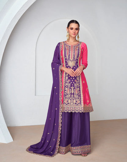Purple and pink Chinnon Silk palazzo suit with embroidery.