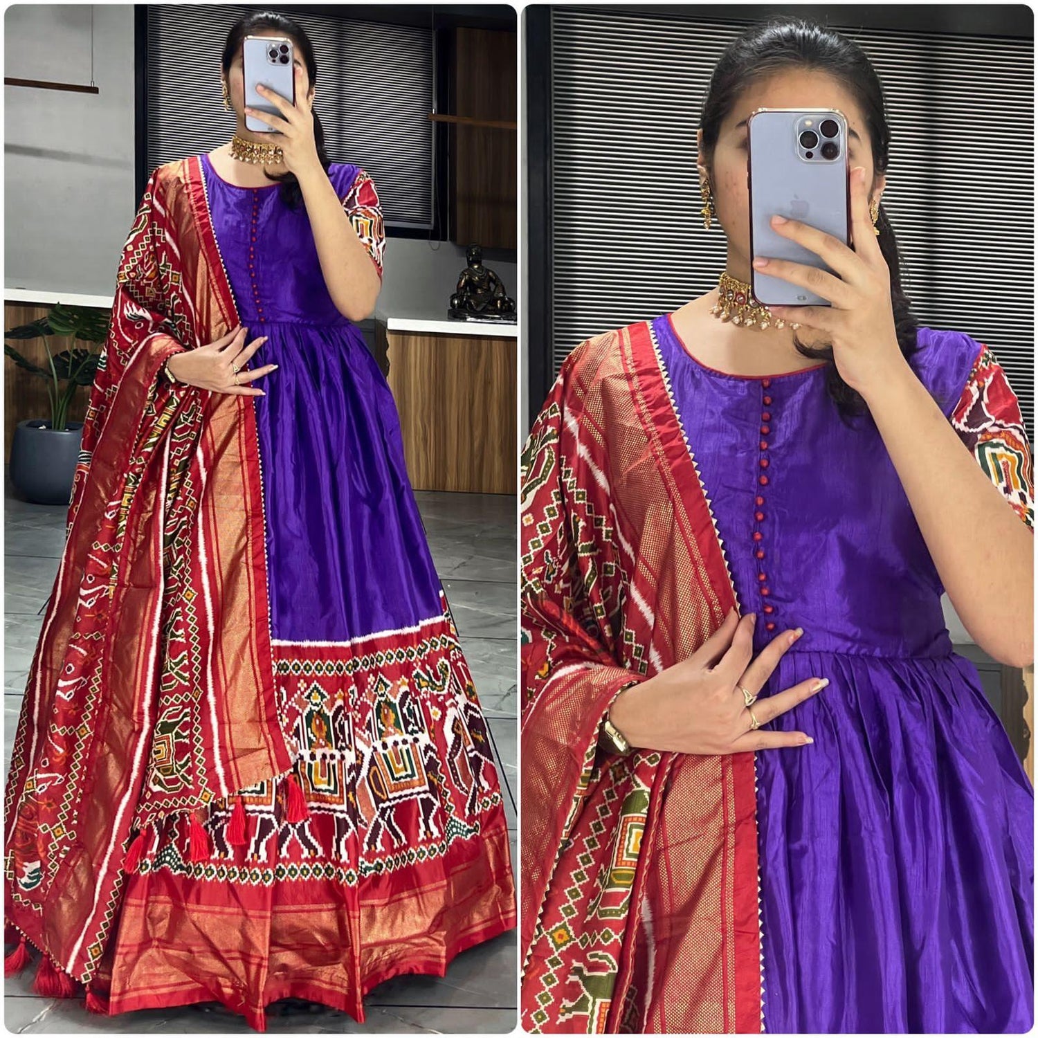 Beautiful Designer Soft Dola Silk Patola Print Party Wear Gown