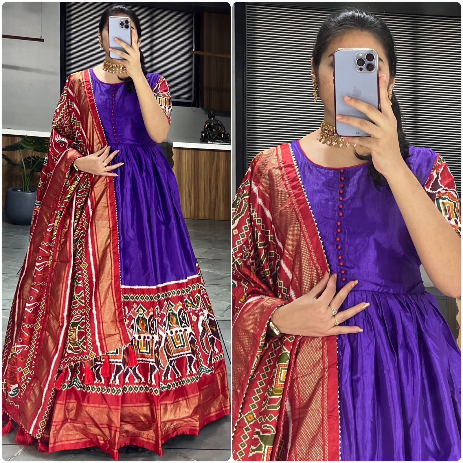 Beautiful Designer Soft Dola Silk Patola Print Party Wear Gown