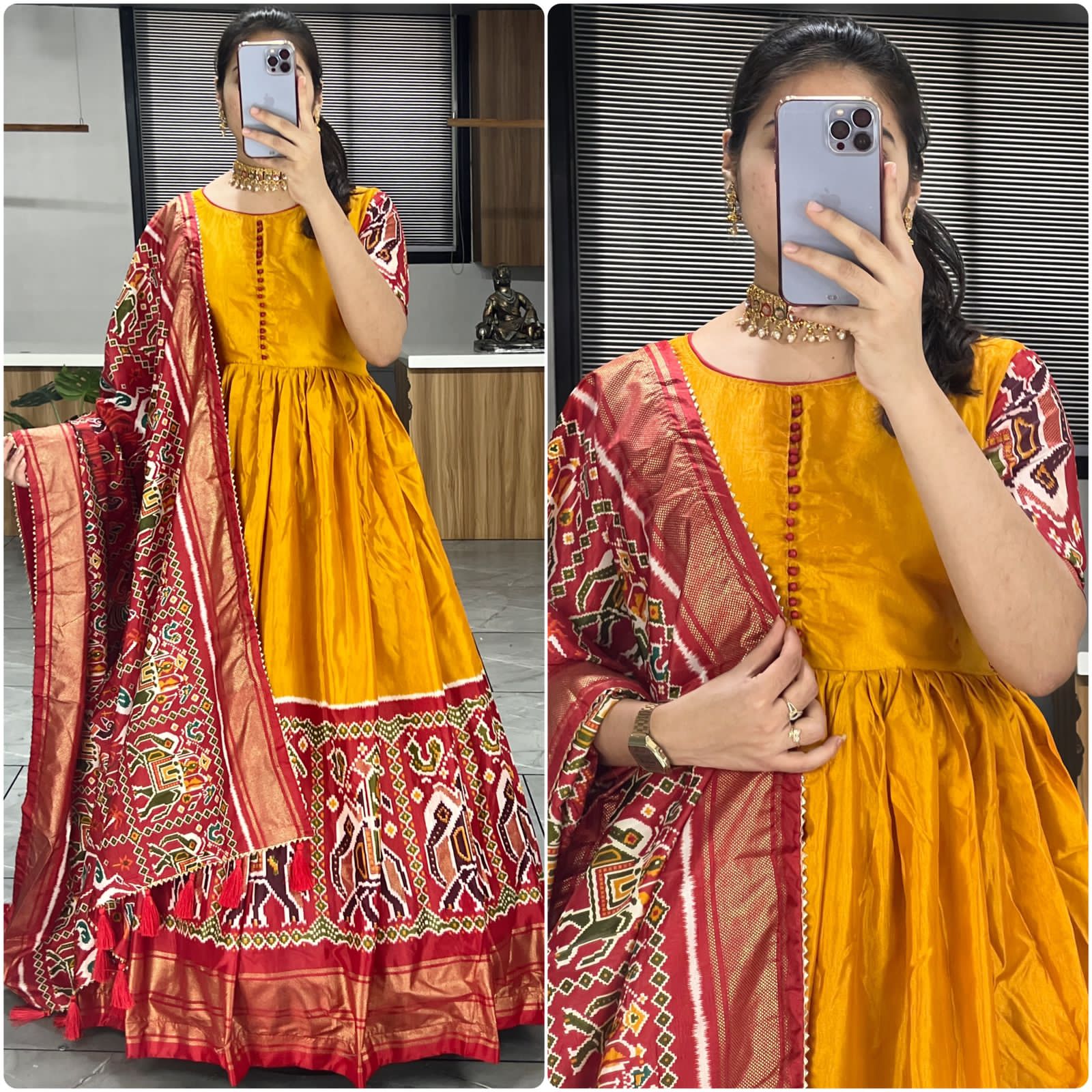 Beautiful Designer Soft Dola Silk Patola Print Party Wear Gown