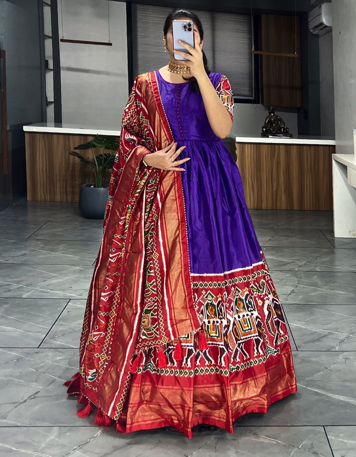 Beautiful Designer Soft Dola Silk Patola Print Party Wear Gown