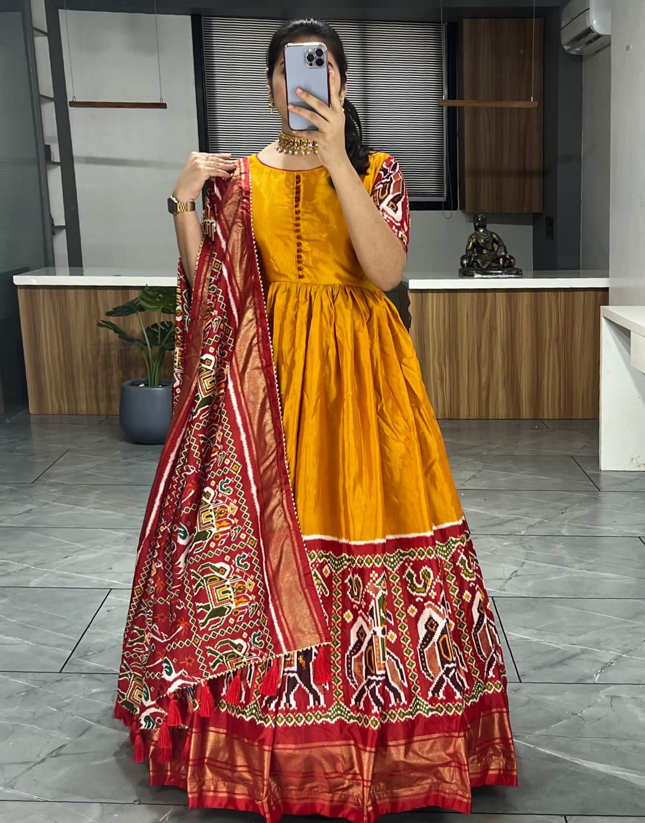 Beautiful Designer Soft Dola Silk Patola Print Party Wear Gown