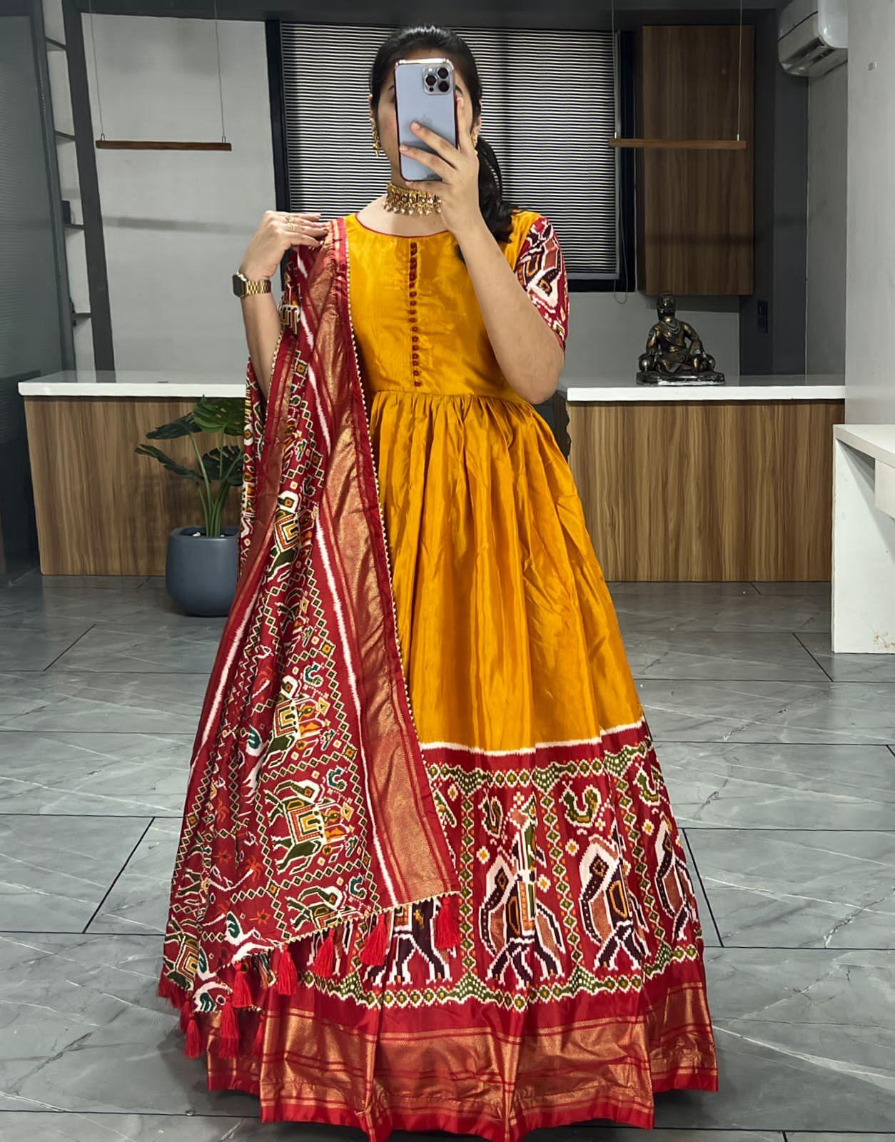 Beautiful Designer Soft Dola Silk Patola Print Party Wear Gown