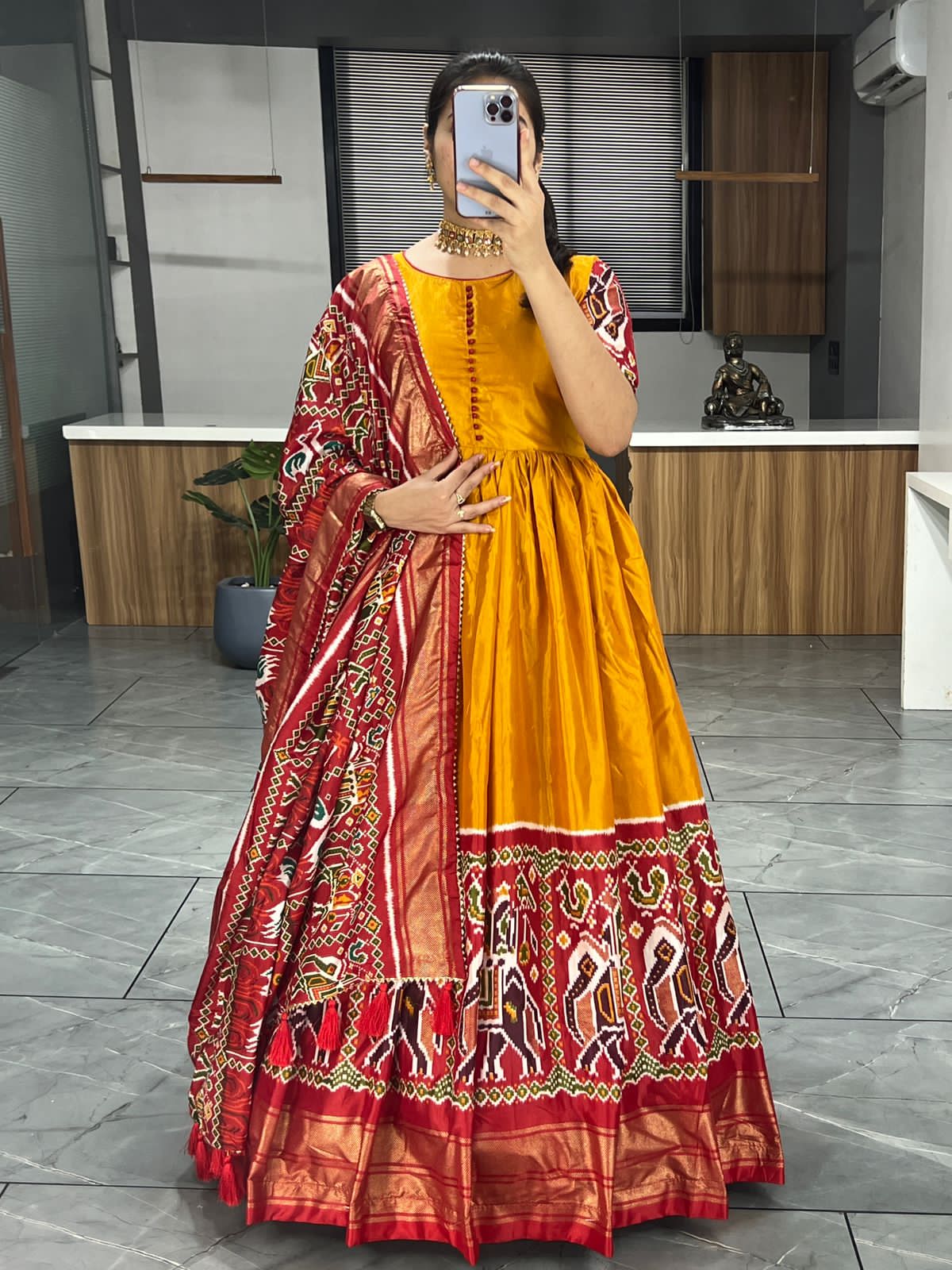 Beautiful Designer Soft Dola Silk Patola Print Party Wear Gown