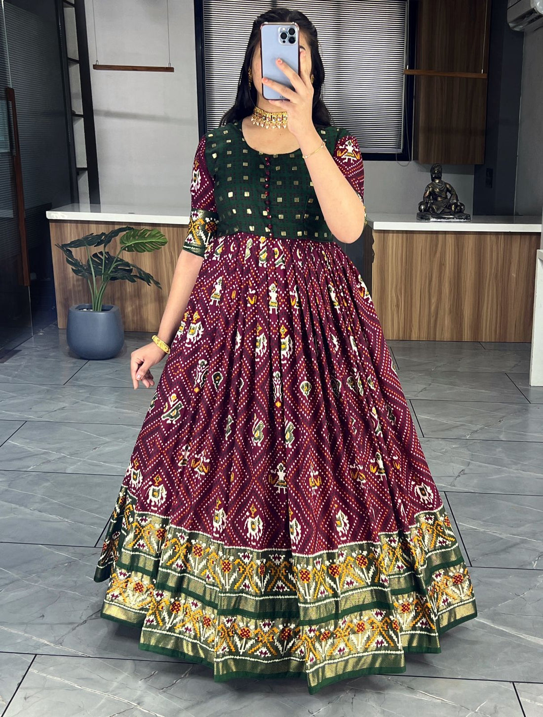 Beautiful Designer Soft Cotton Patola Bandhani Print Gown