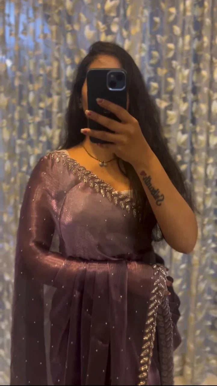 Front View of Lavender Pure Soft Designer Jimmy Choo Saree