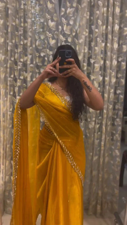 Front view of Yellow Pure Soft Designer Jimmy Choo Saree