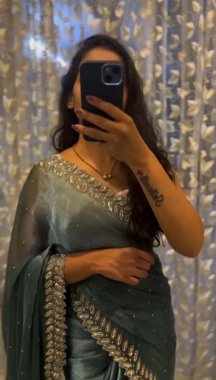 Front View of Mint Green Pure Soft Designer Jimmy Choo Saree