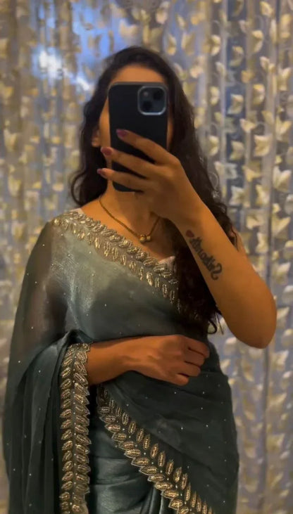 Front View of Mint Green Pure Soft Designer Jimmy Choo Saree