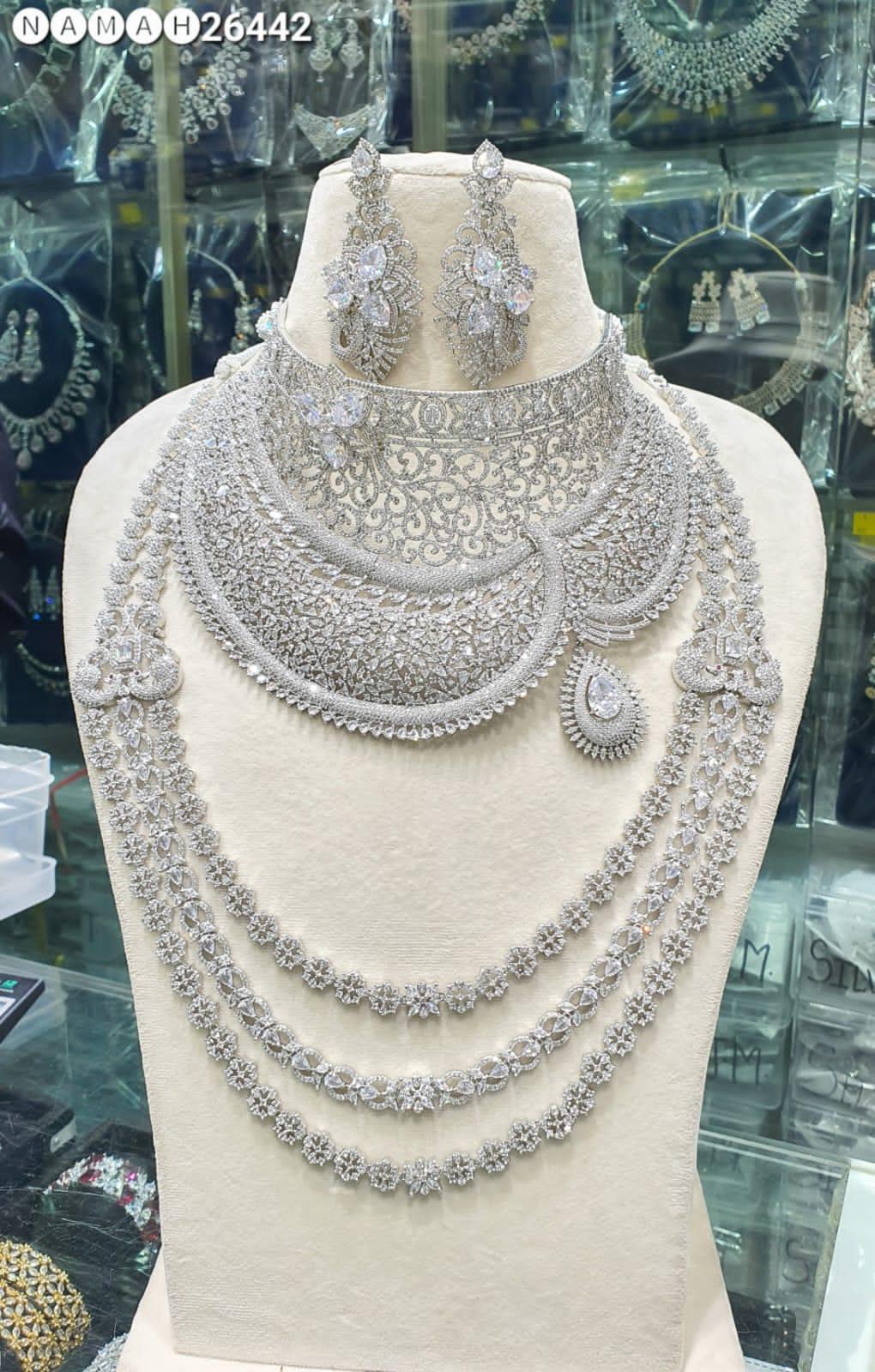 Wedding Special American Diamond Antique Stone Necklace with Earrings Jewellery