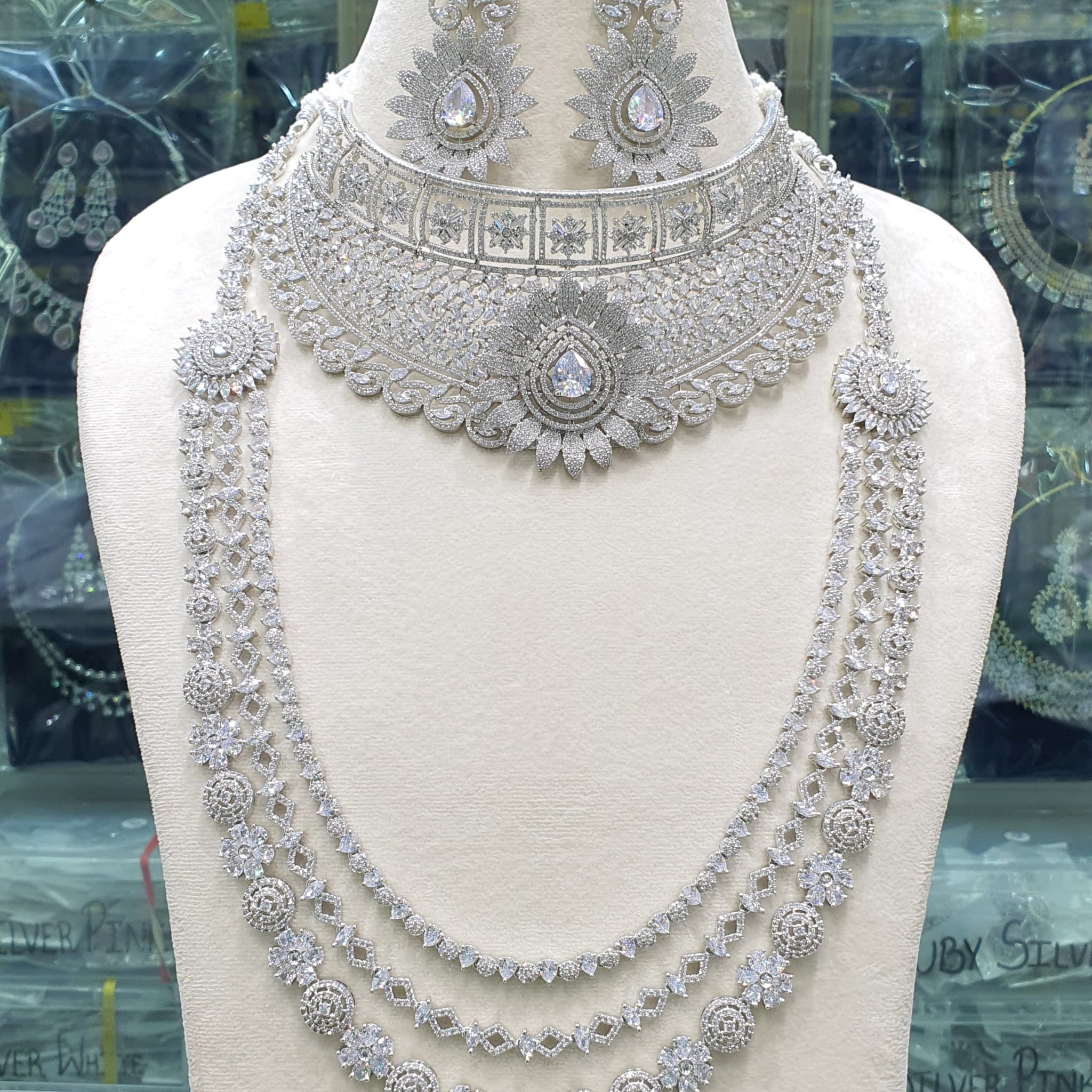 Wedding Special American Diamond Antique Stone Necklace with Earrings Jewellery