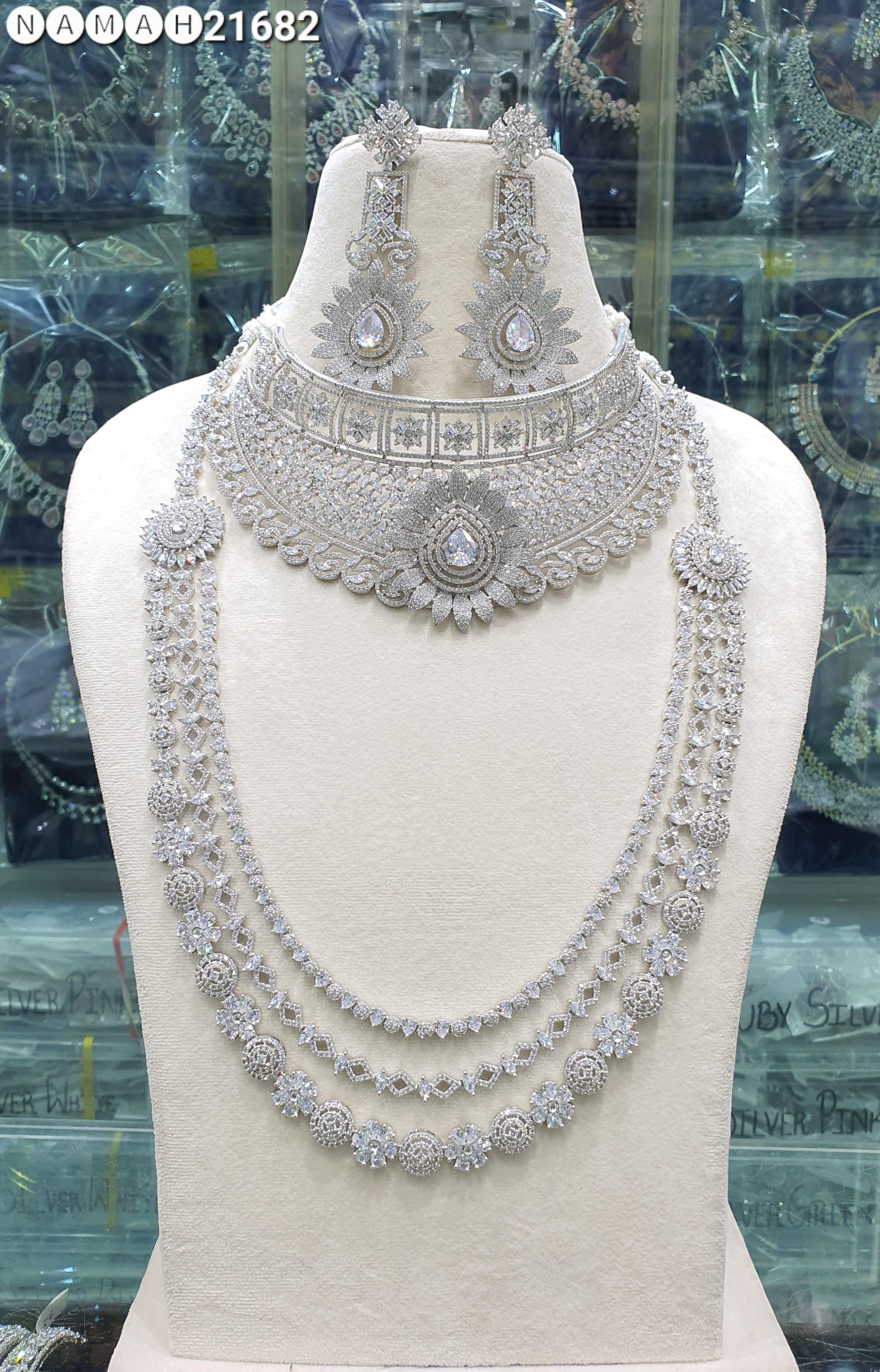 Wedding Special American Diamond Antique Stone Necklace with Earrings Jewellery