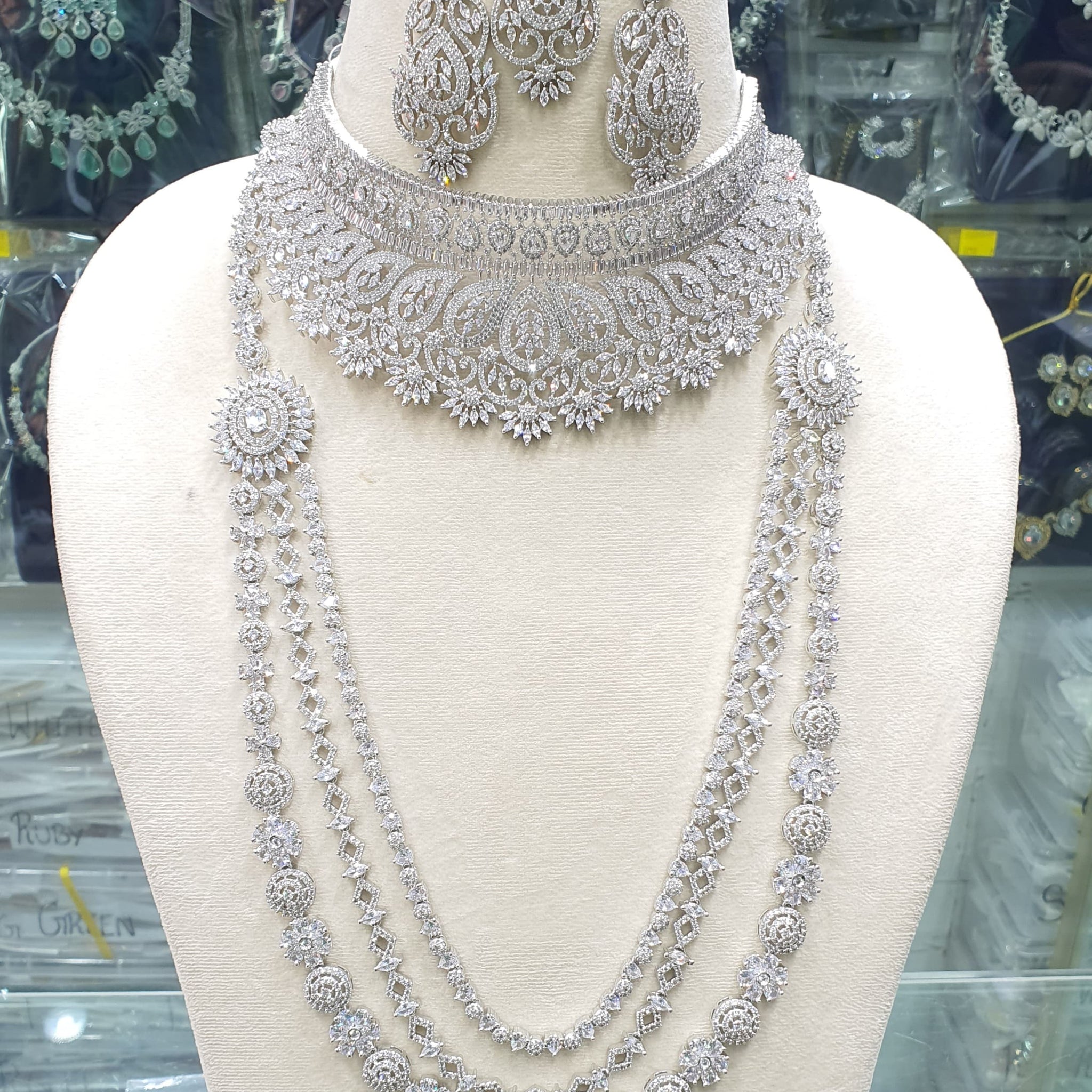 Wedding Special American Diamond Antique Stone Necklace with Earrings Jewellery
