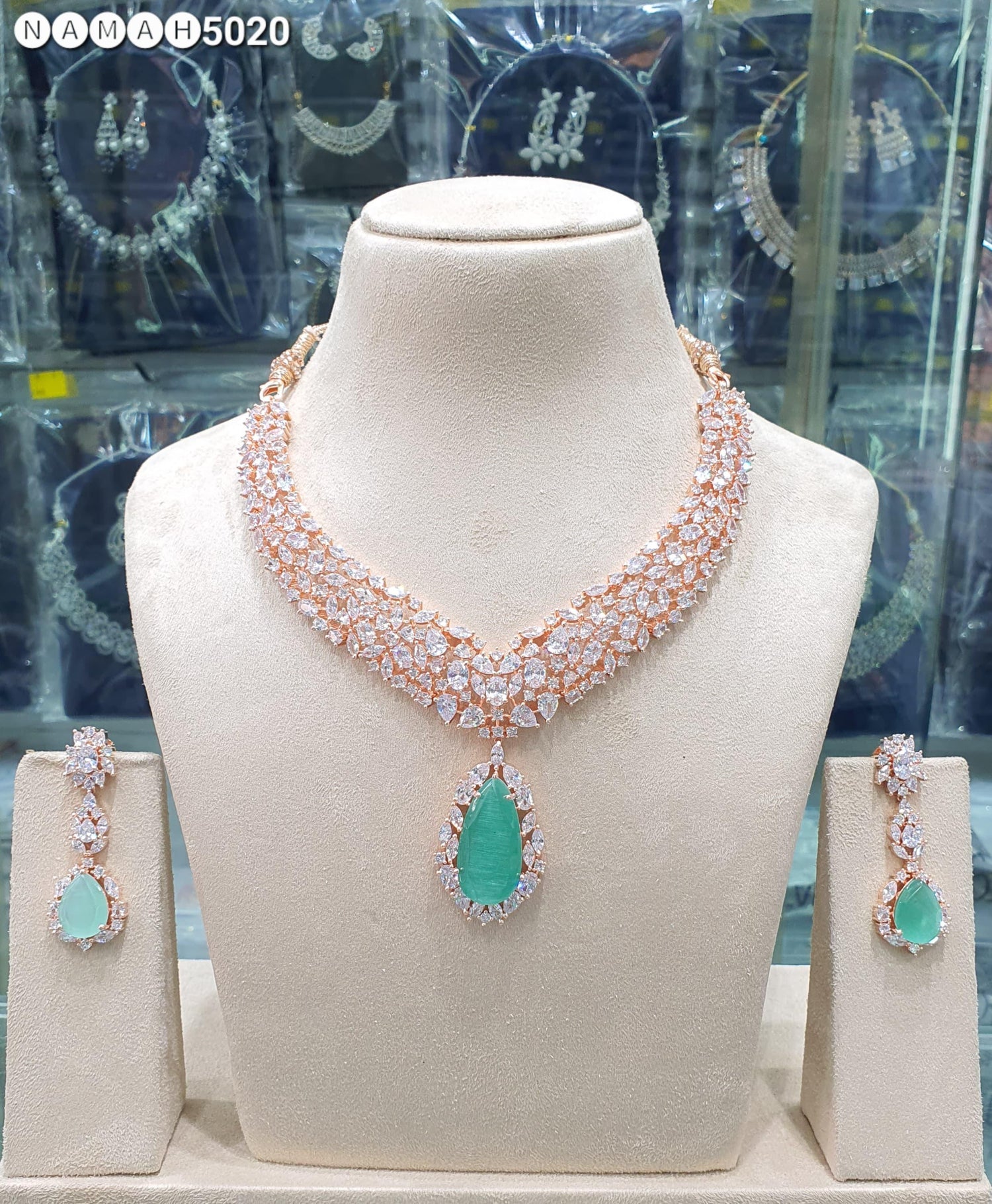Beautiful American Diamond Antique Stone Necklace with Earrings Jewellery