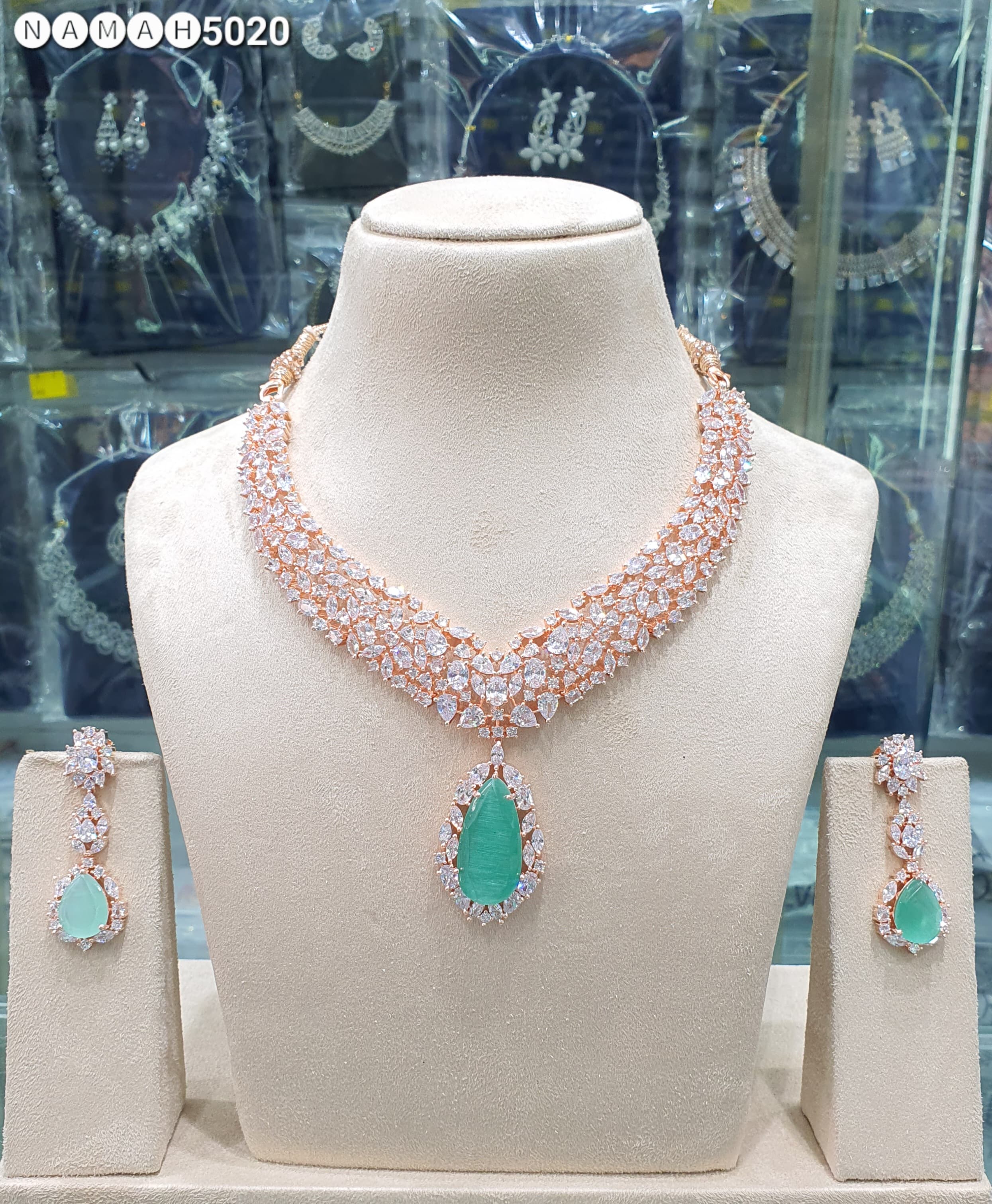 Beautiful American Diamond Antique Stone Necklace with Earrings Jewellery