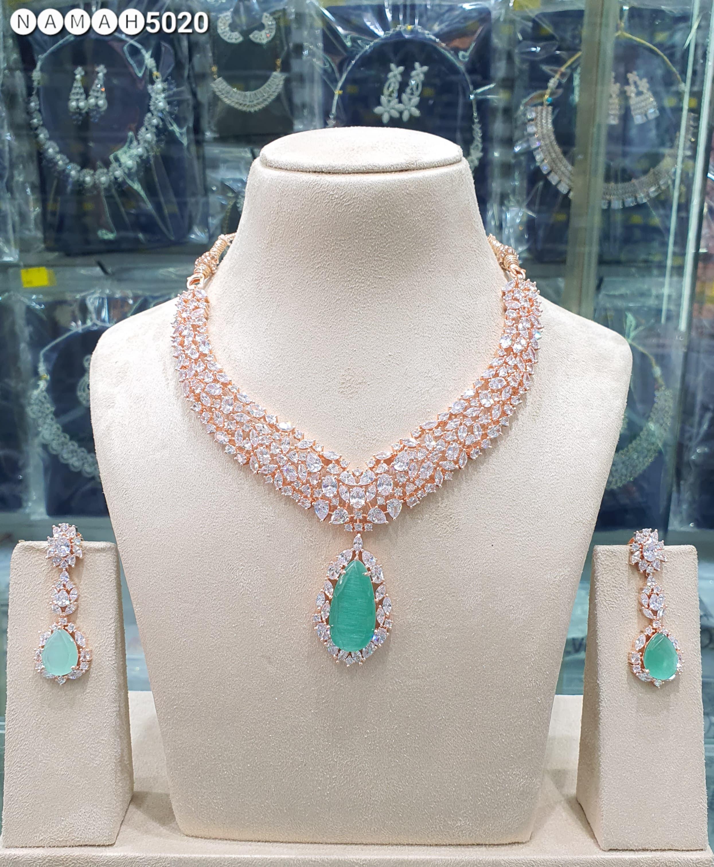 Beautiful American Diamond Antique Stone Necklace with Earrings Jewellery