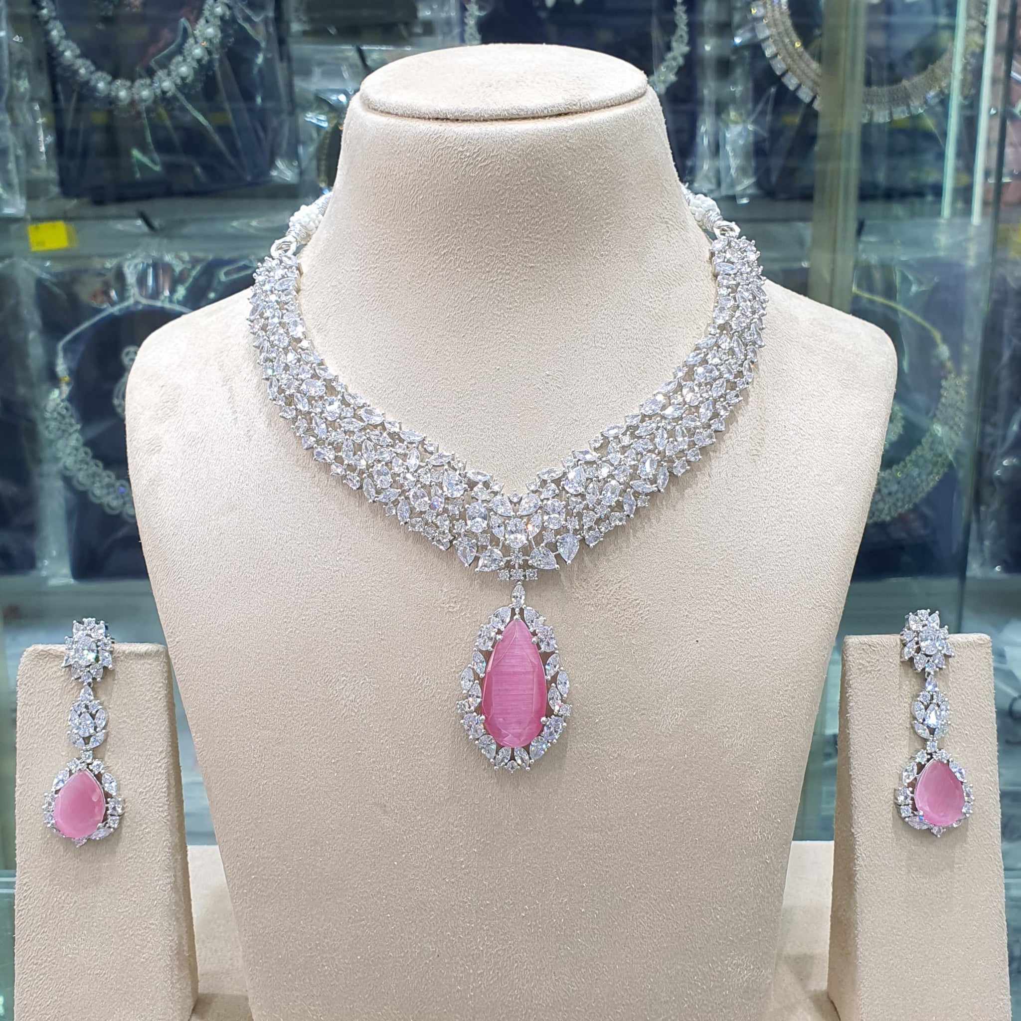 Beautiful American Diamond Antique Stone Necklace with Earrings Jewellery