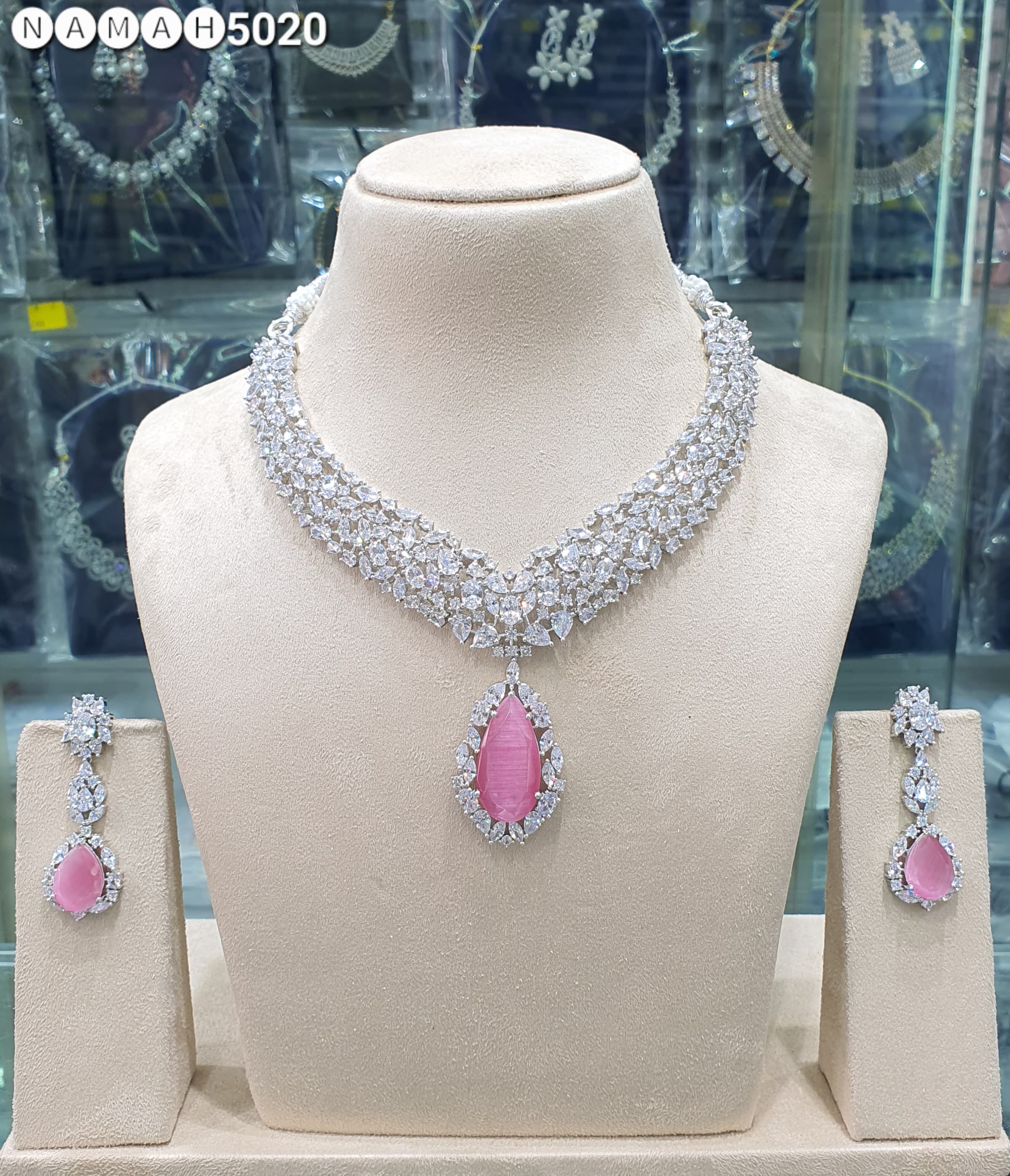 Beautiful American Diamond Antique Stone Necklace with Earrings Jewellery