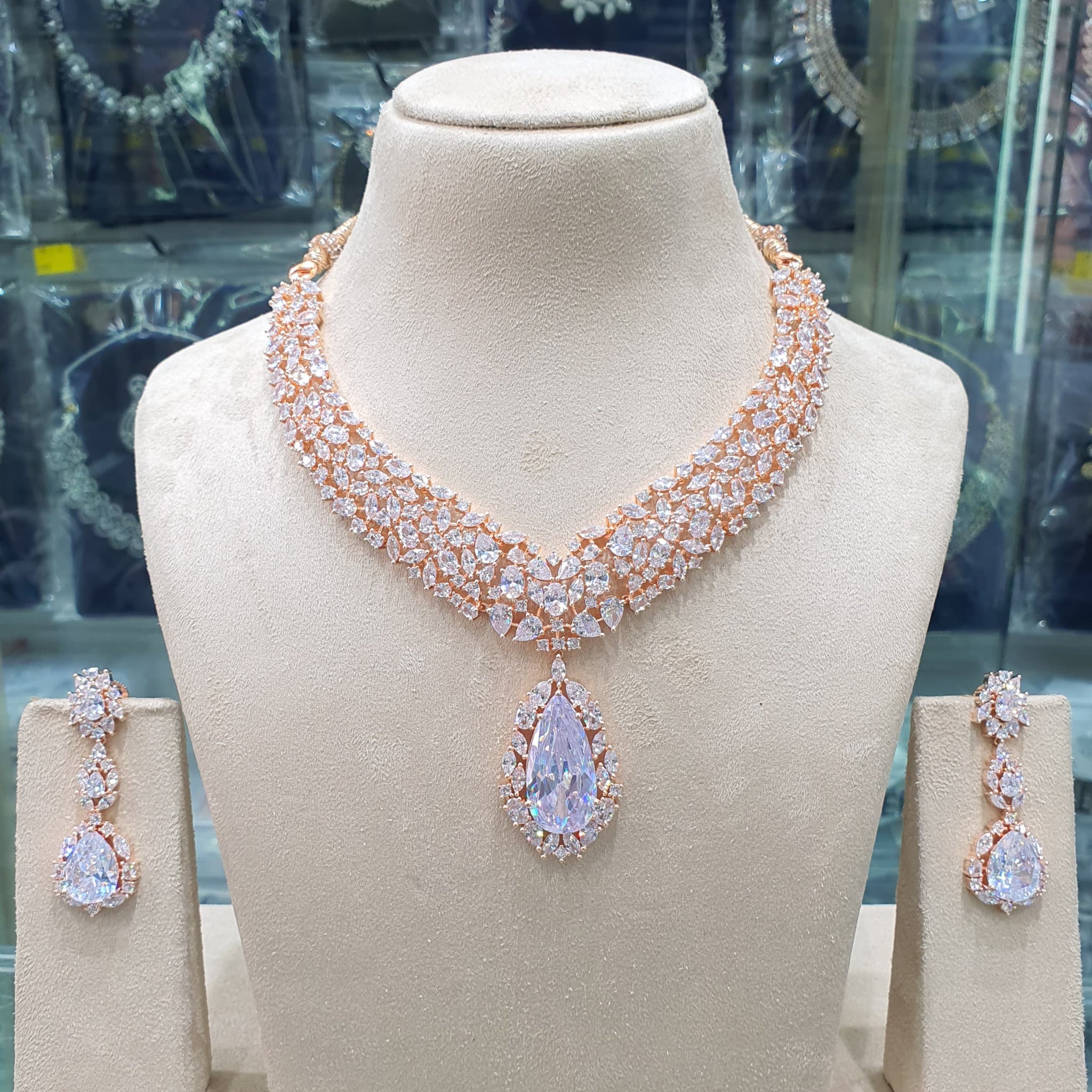 Beautiful American Diamond Antique Stone Necklace with Earrings Jewellery