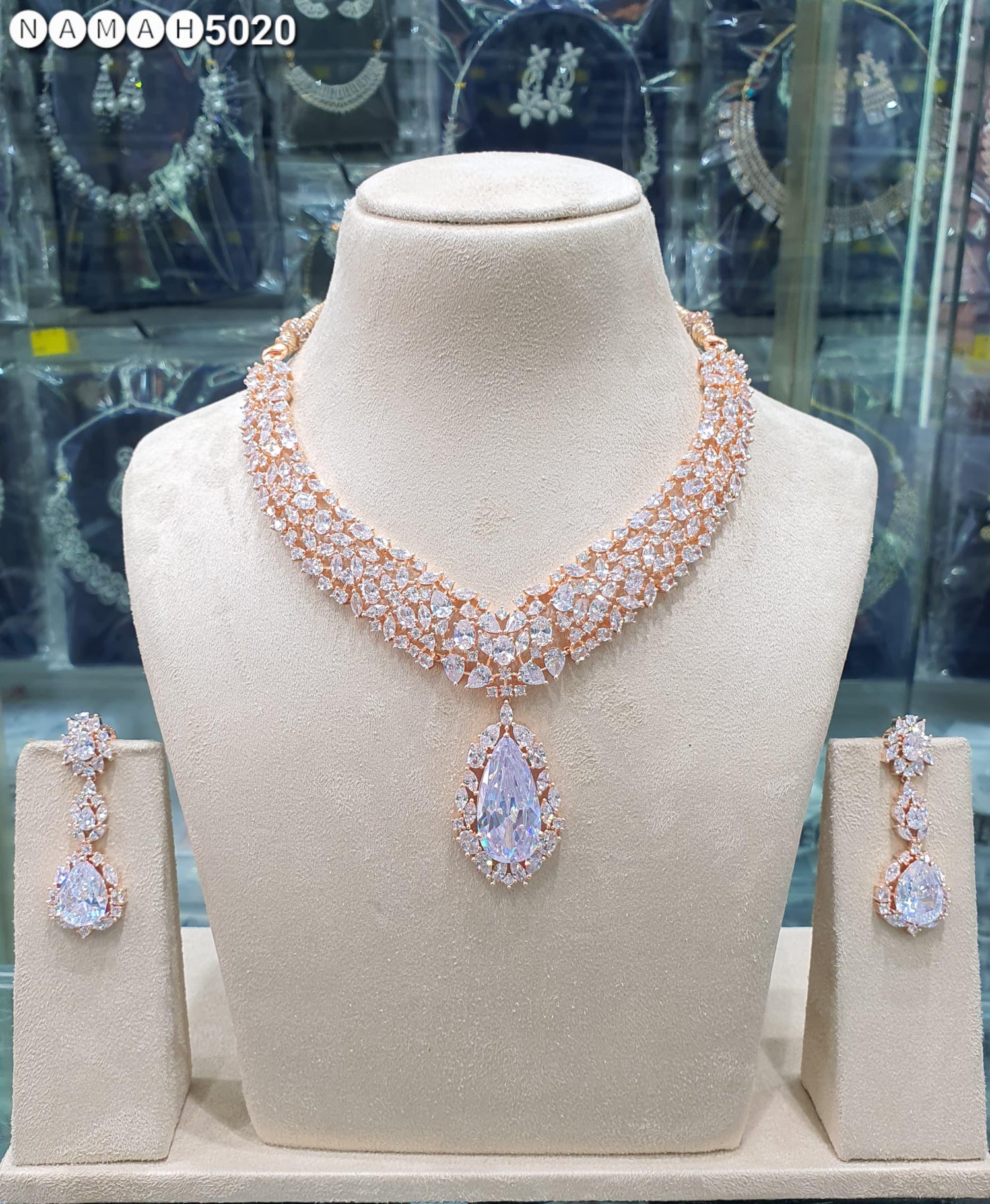 Beautiful American Diamond Antique Stone Necklace with Earrings Jewellery