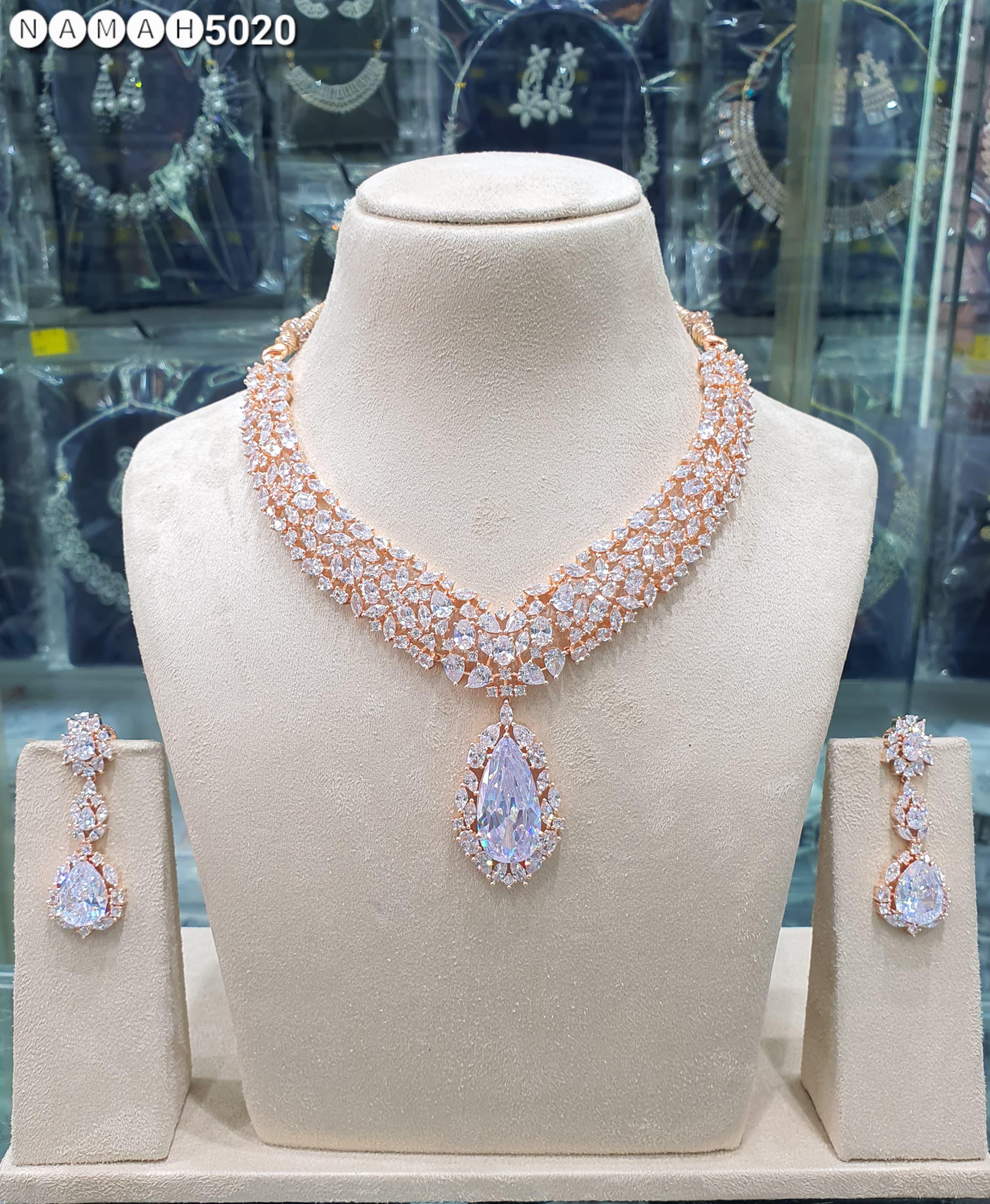 Beautiful American Diamond Antique Stone Necklace with Earrings Jewellery