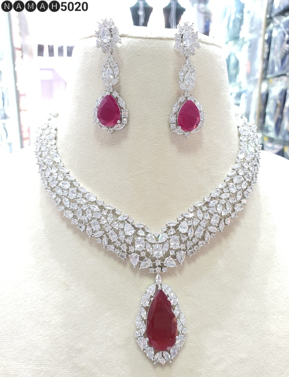 Beautiful American Diamond Antique Stone Necklace with Earrings Jewellery