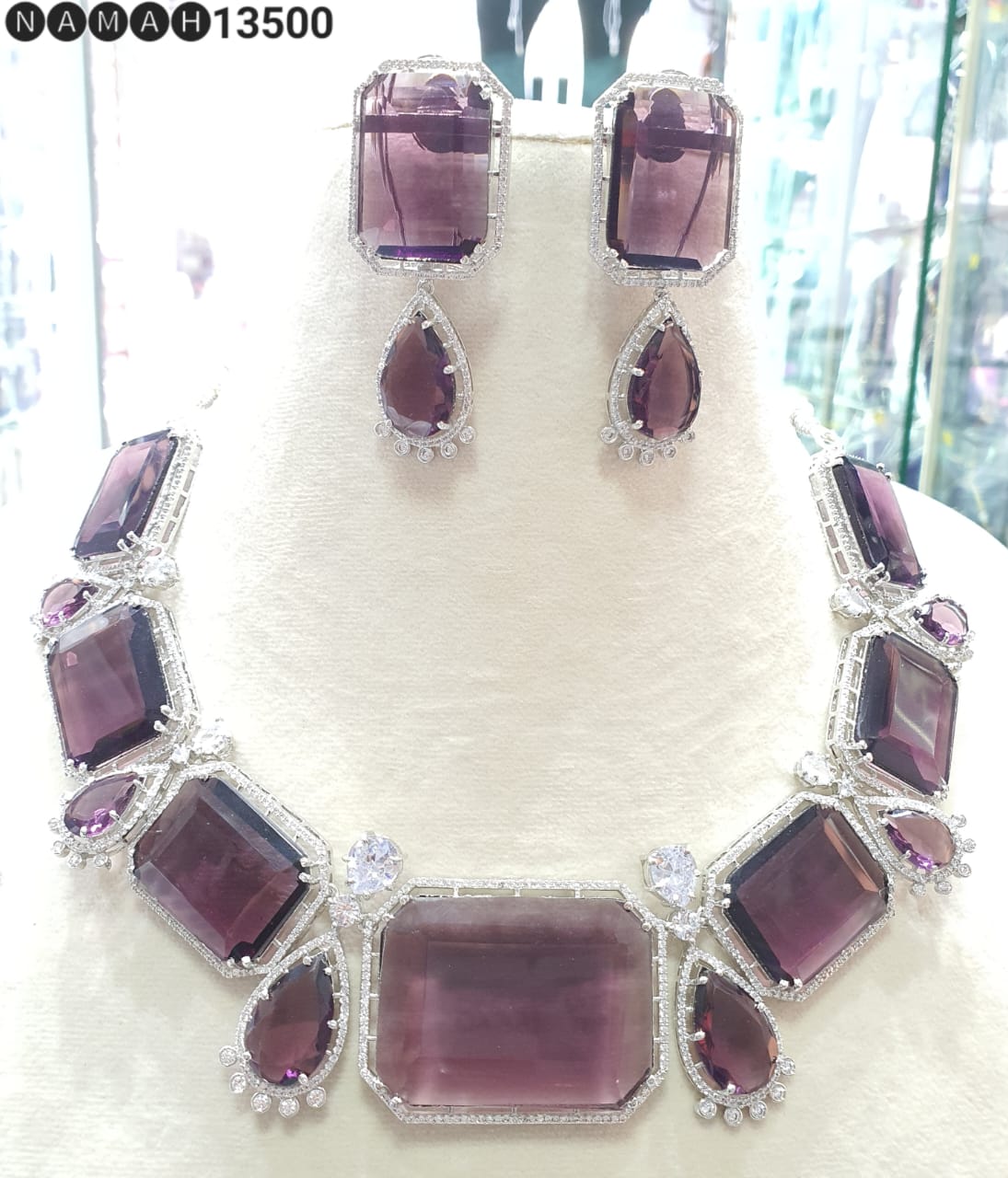 Beautiful American Diamond Antique Stone Necklace with Earrings Jewellery