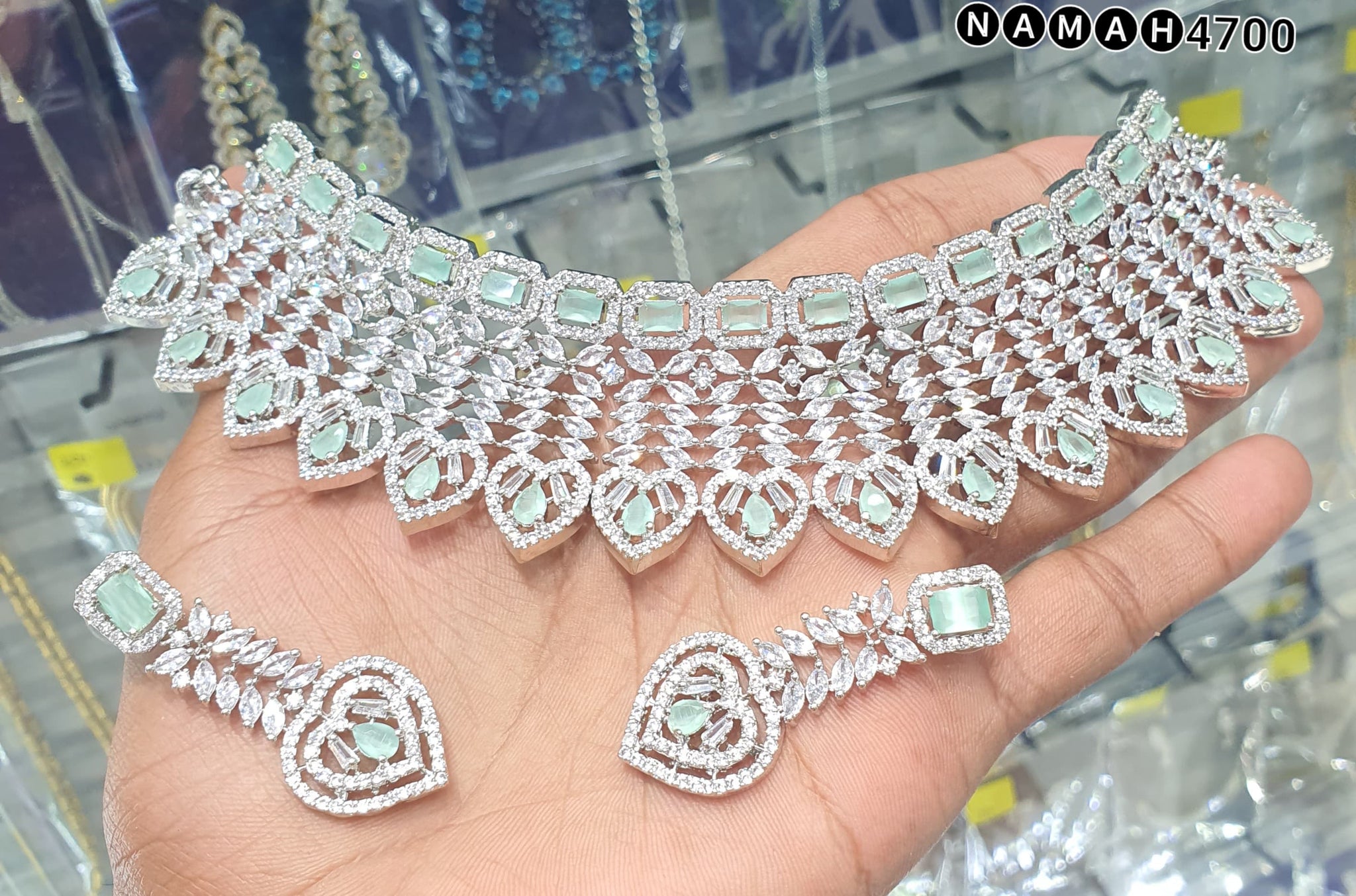 Beautiful American Diamond Antique Stone Necklace with Earrings Jewellery