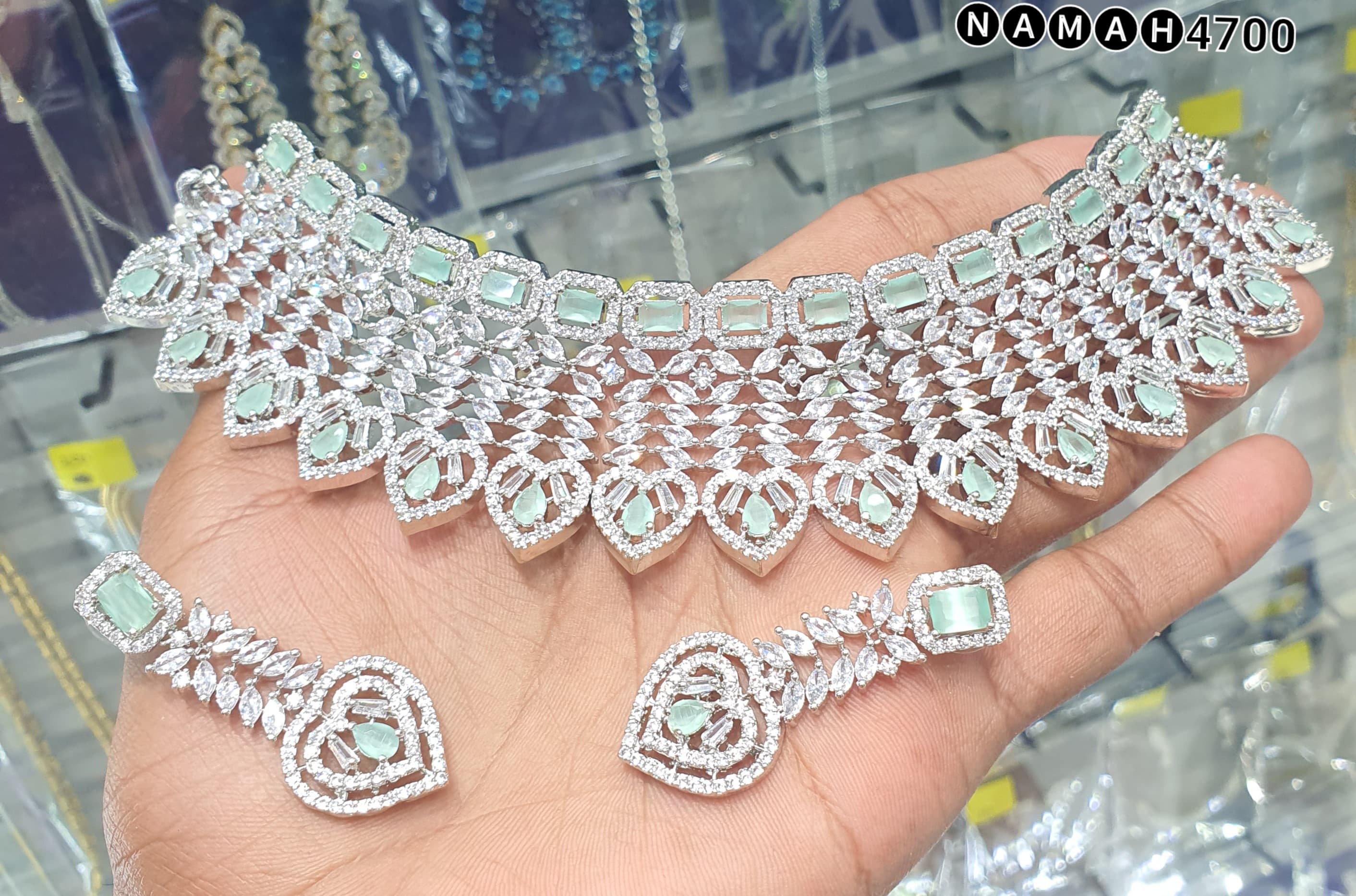 Beautiful American Diamond Antique Stone Necklace with Earrings Jewellery