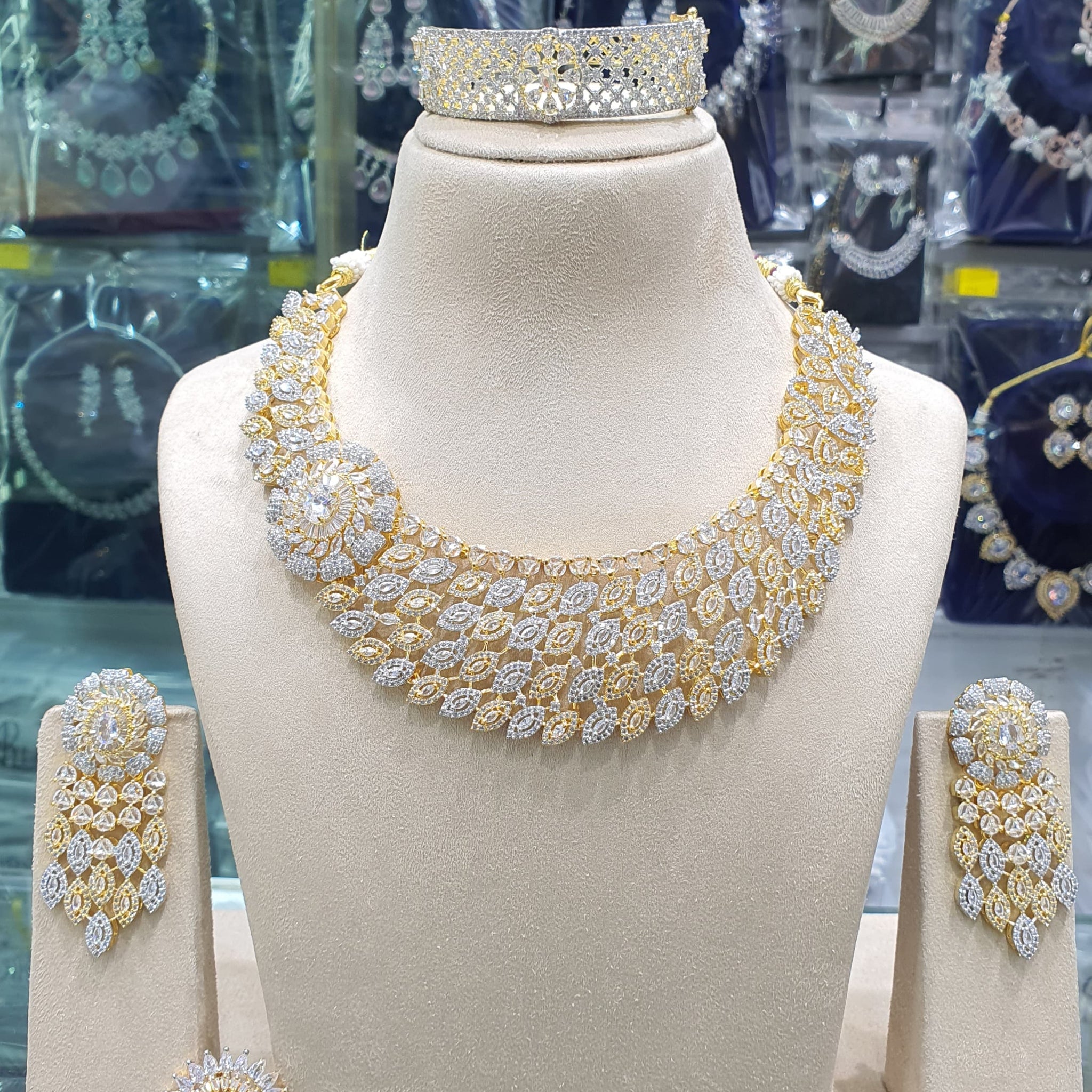 Beautiful American Diamond Antique Stone Necklace with Earrings Jewellery
