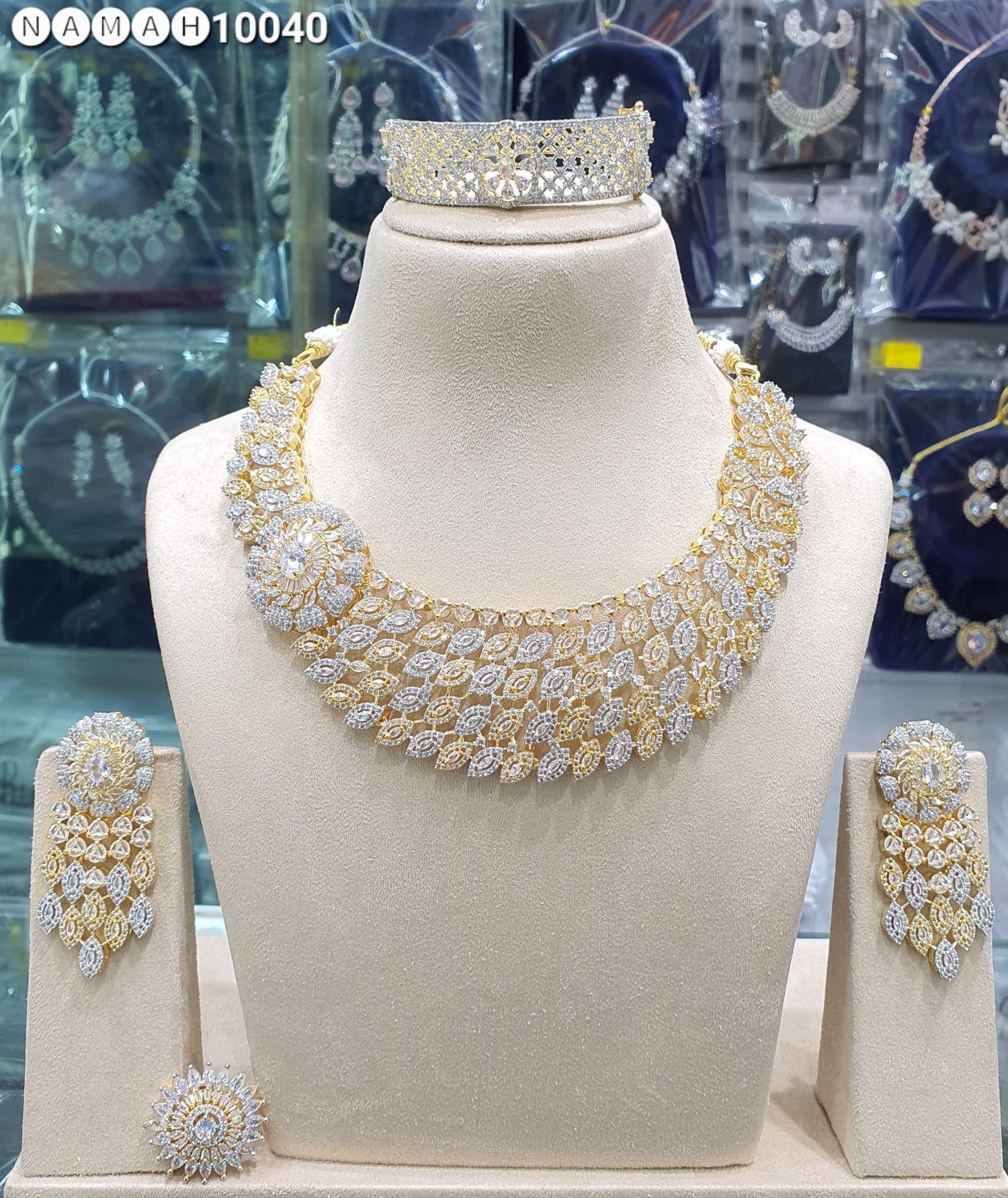 Beautiful American Diamond Antique Stone Necklace with Earrings Jewellery