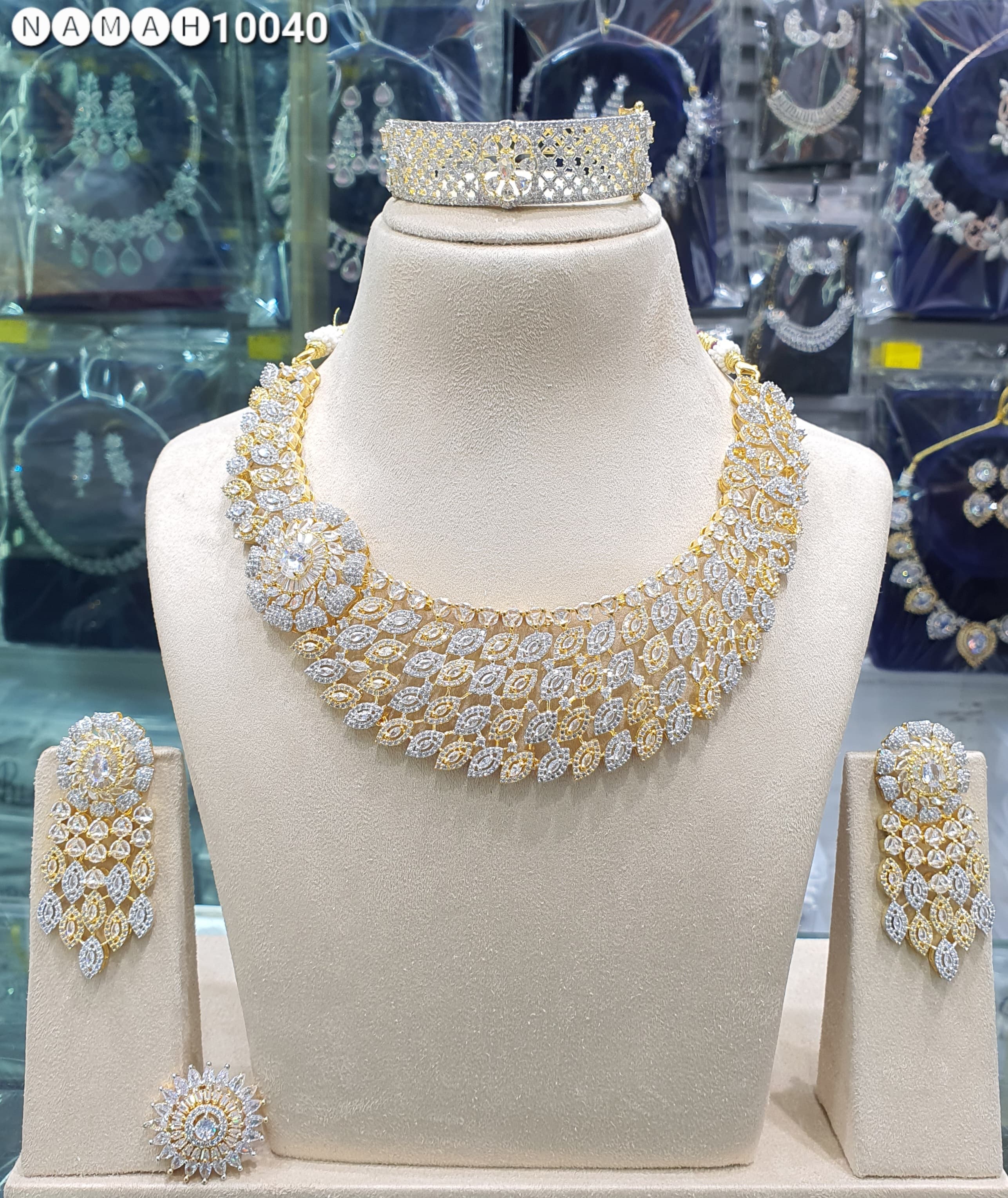 Beautiful American Diamond Antique Stone Necklace with Earrings Jewellery