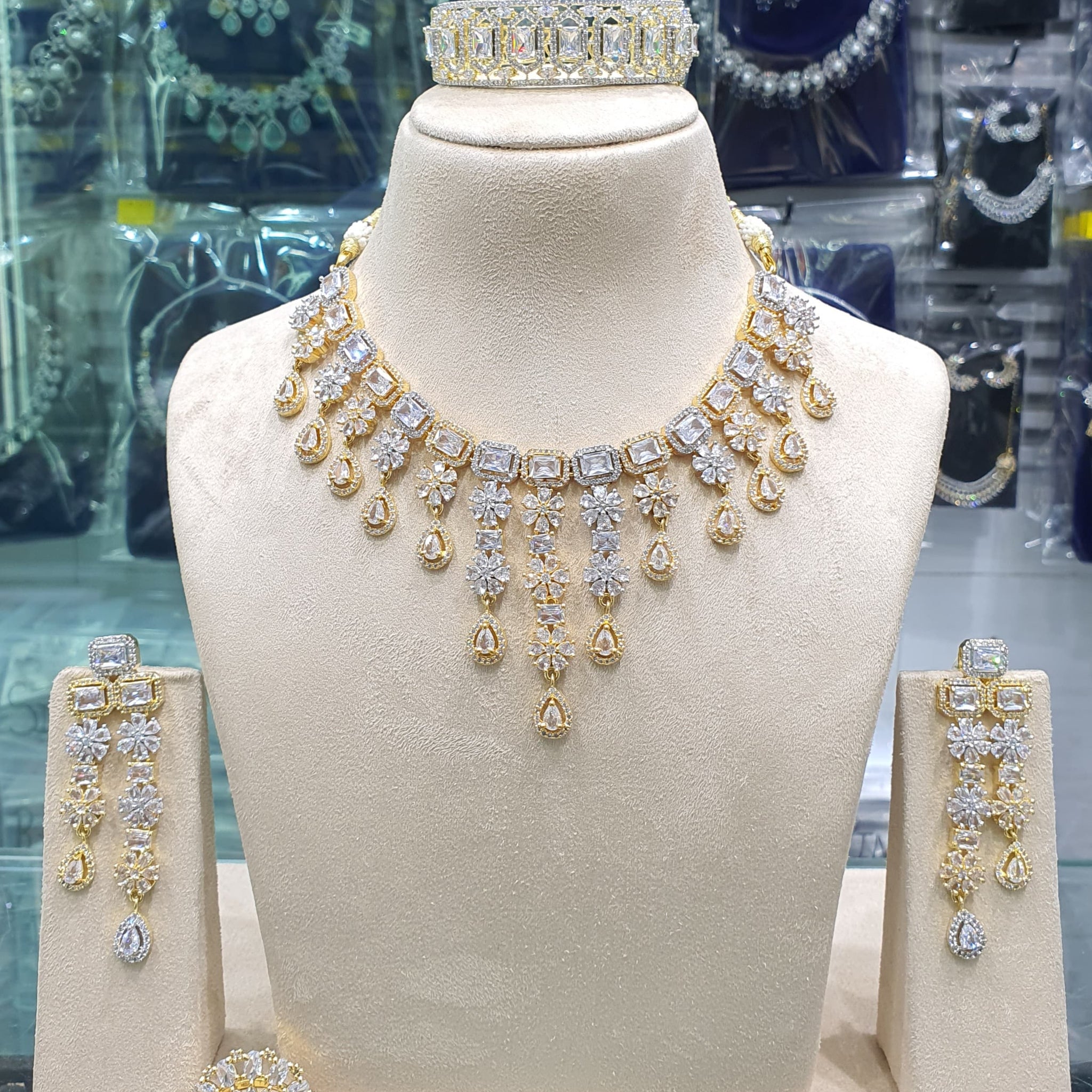Beautiful American Diamond Antique Stone Necklace with Earrings Jewellery