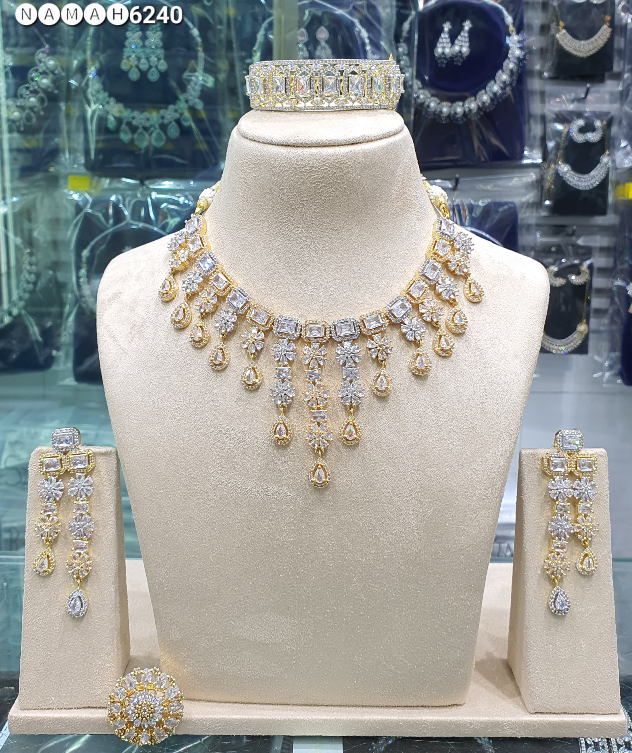 Beautiful American Diamond Antique Stone Necklace with Earrings Jewellery