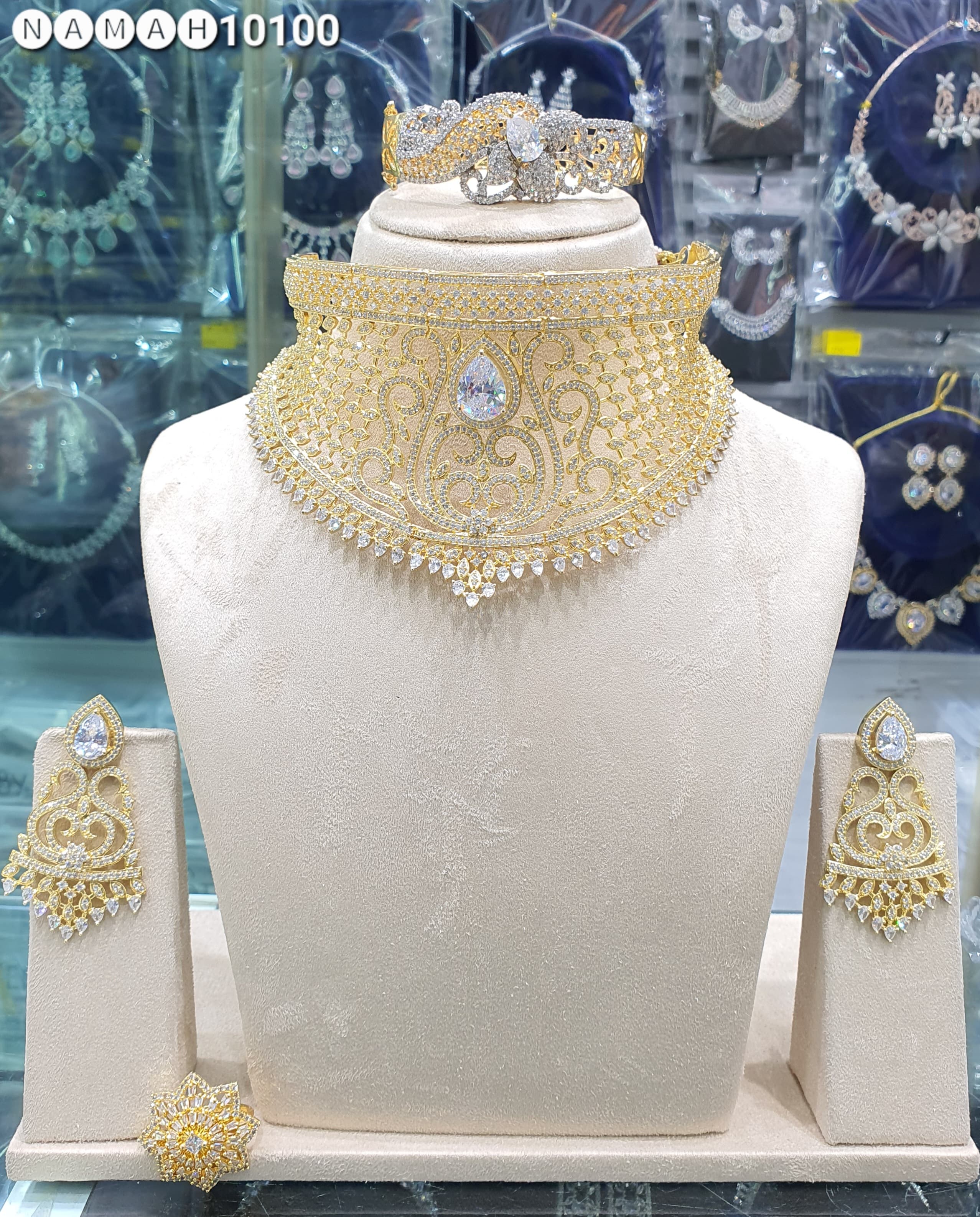 Beautiful American Diamond Antique Stone Necklace with Earrings Jewellery