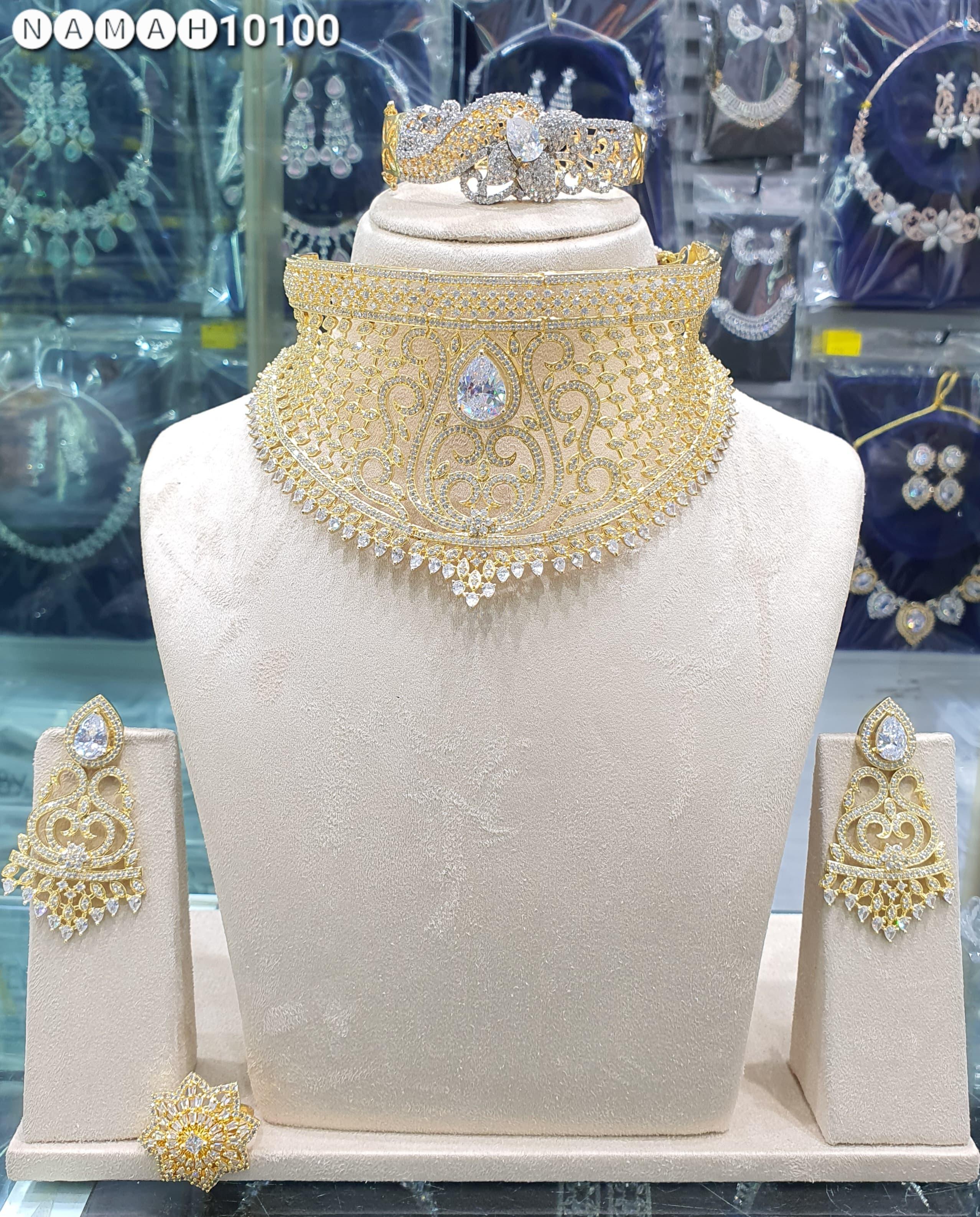 Beautiful American Diamond Antique Stone Necklace with Earrings Jewellery
