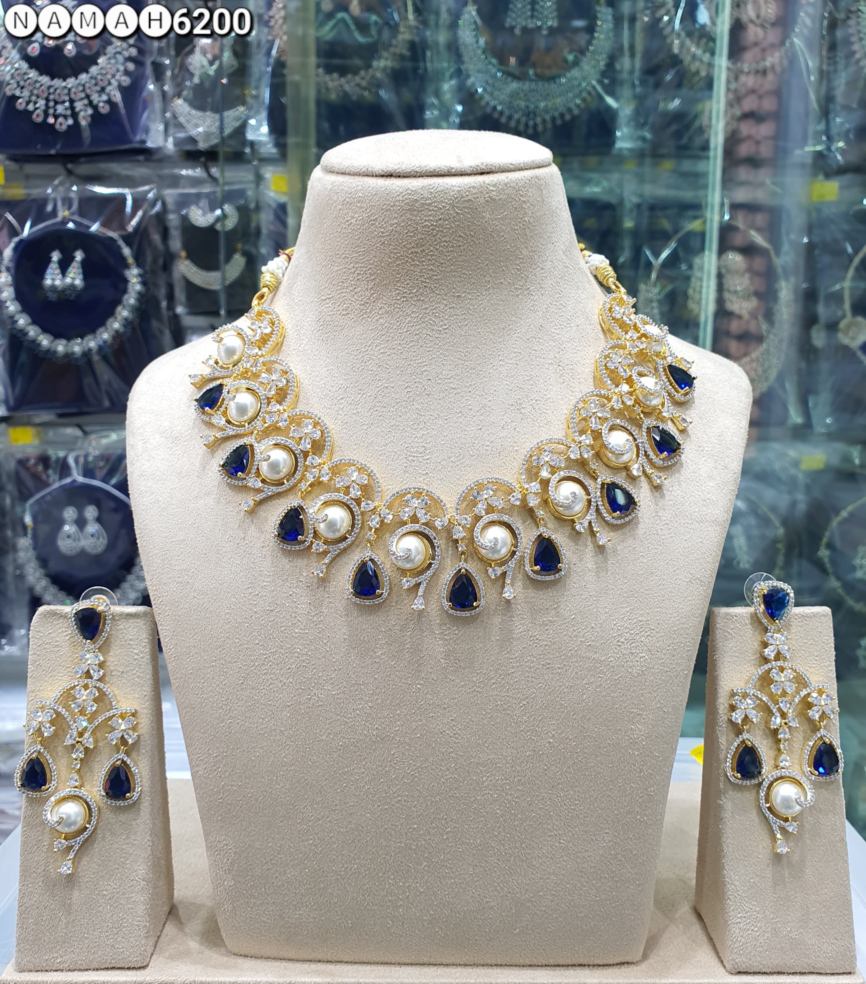 Beautiful American Diamond Antique Stone Necklace with Earrings Jewellery