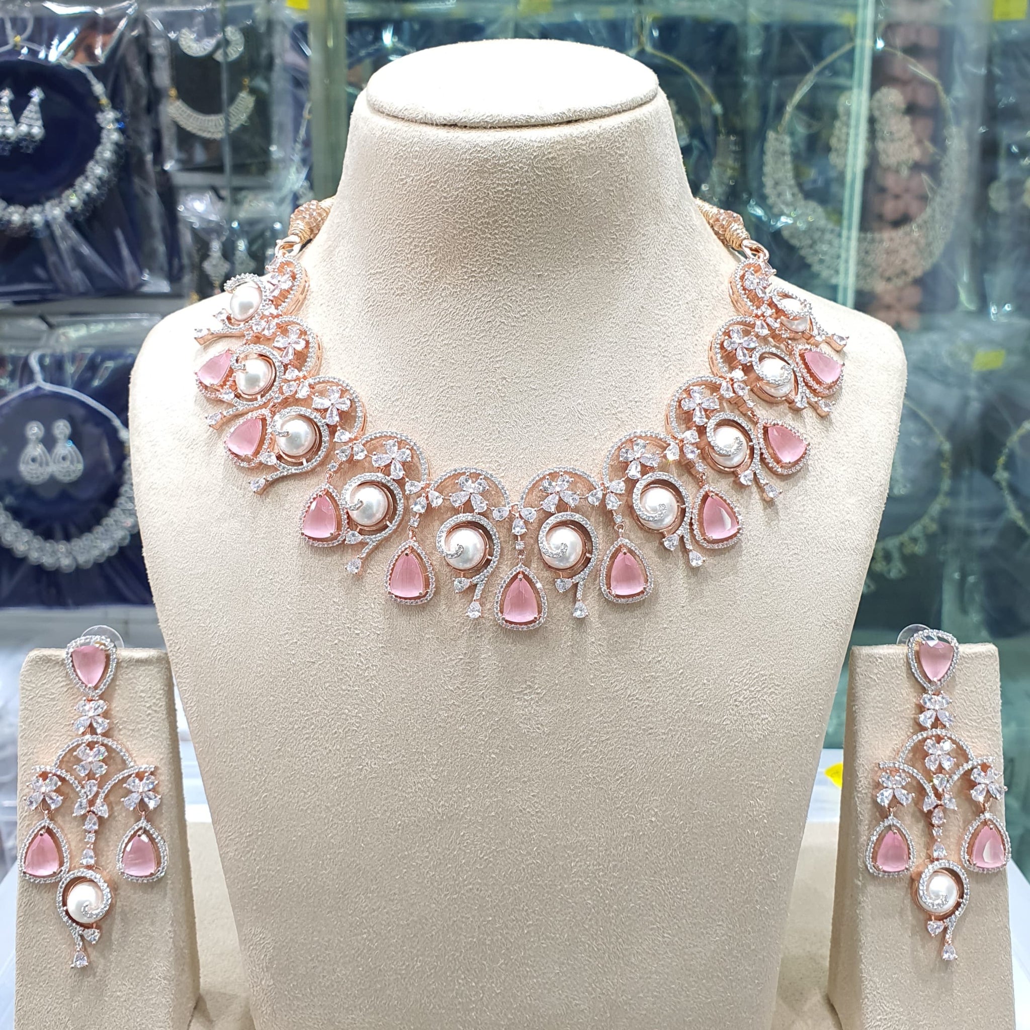 Beautiful American Diamond Antique Stone Necklace with Earrings Jewellery