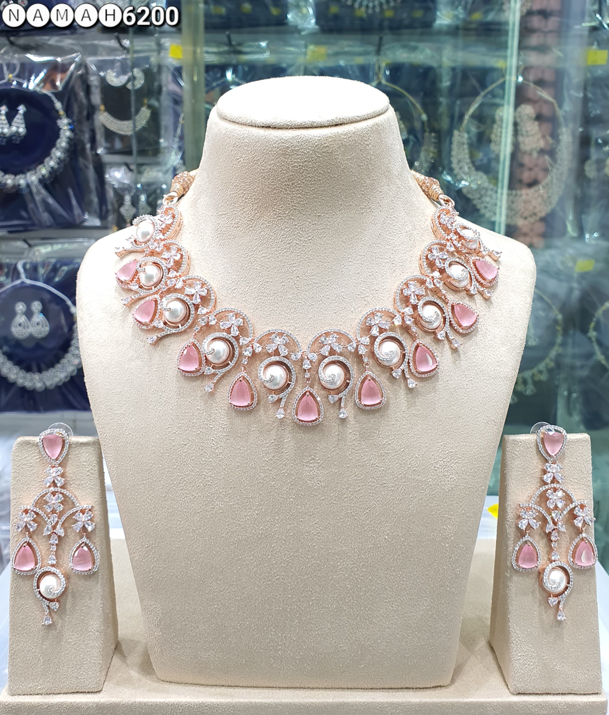 Beautiful American Diamond Antique Stone Necklace with Earrings Jewellery