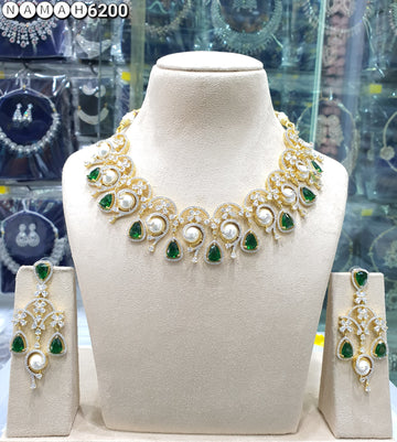 Beautiful American Diamond Antique Stone Necklace with Earrings Jewellery