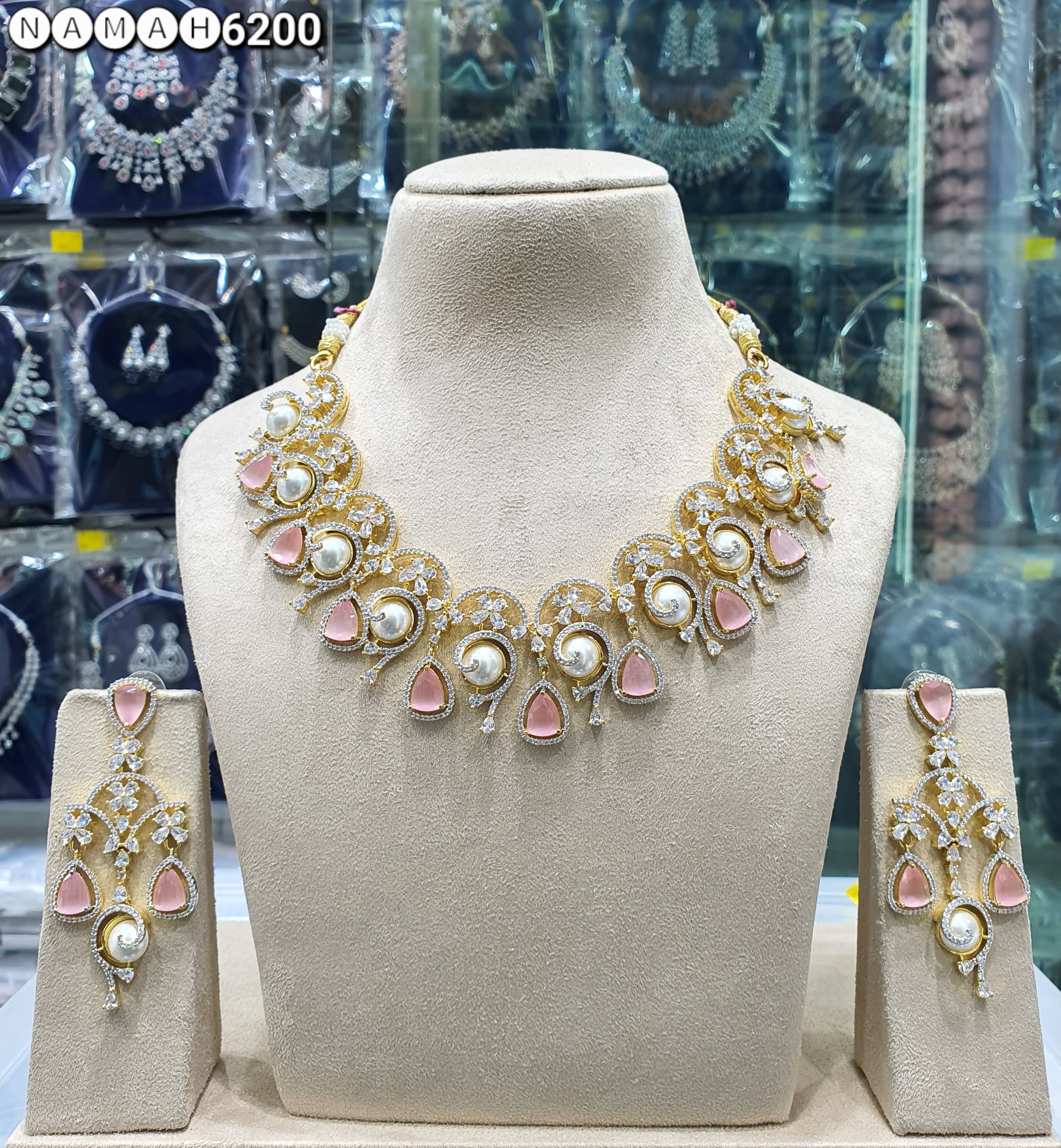 Beautiful American Diamond Antique Stone Necklace with Earrings Jewellery