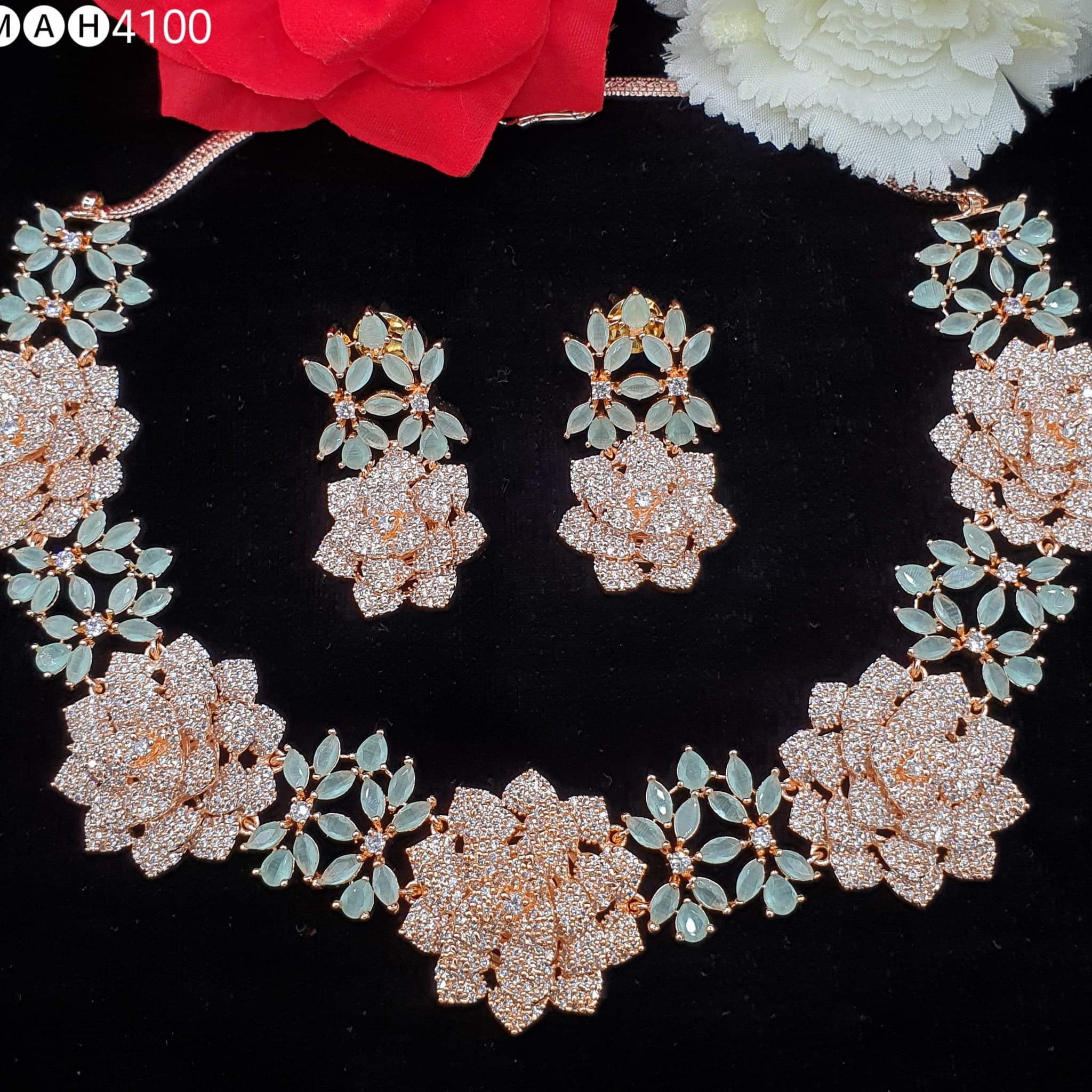 Beautiful American Diamond Antique Stone Necklace with Earrings Jewellery