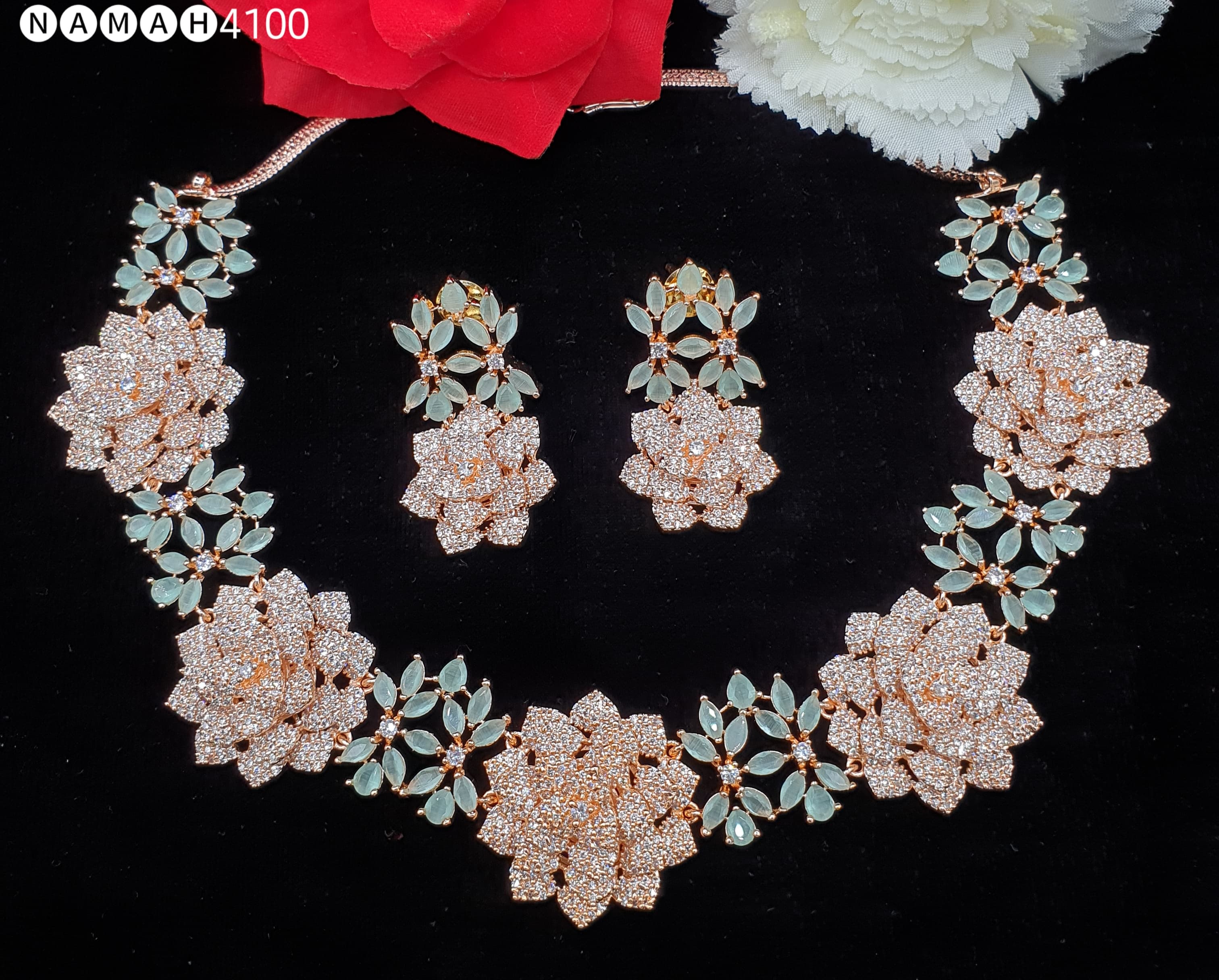 Beautiful American Diamond Antique Stone Necklace with Earrings Jewellery