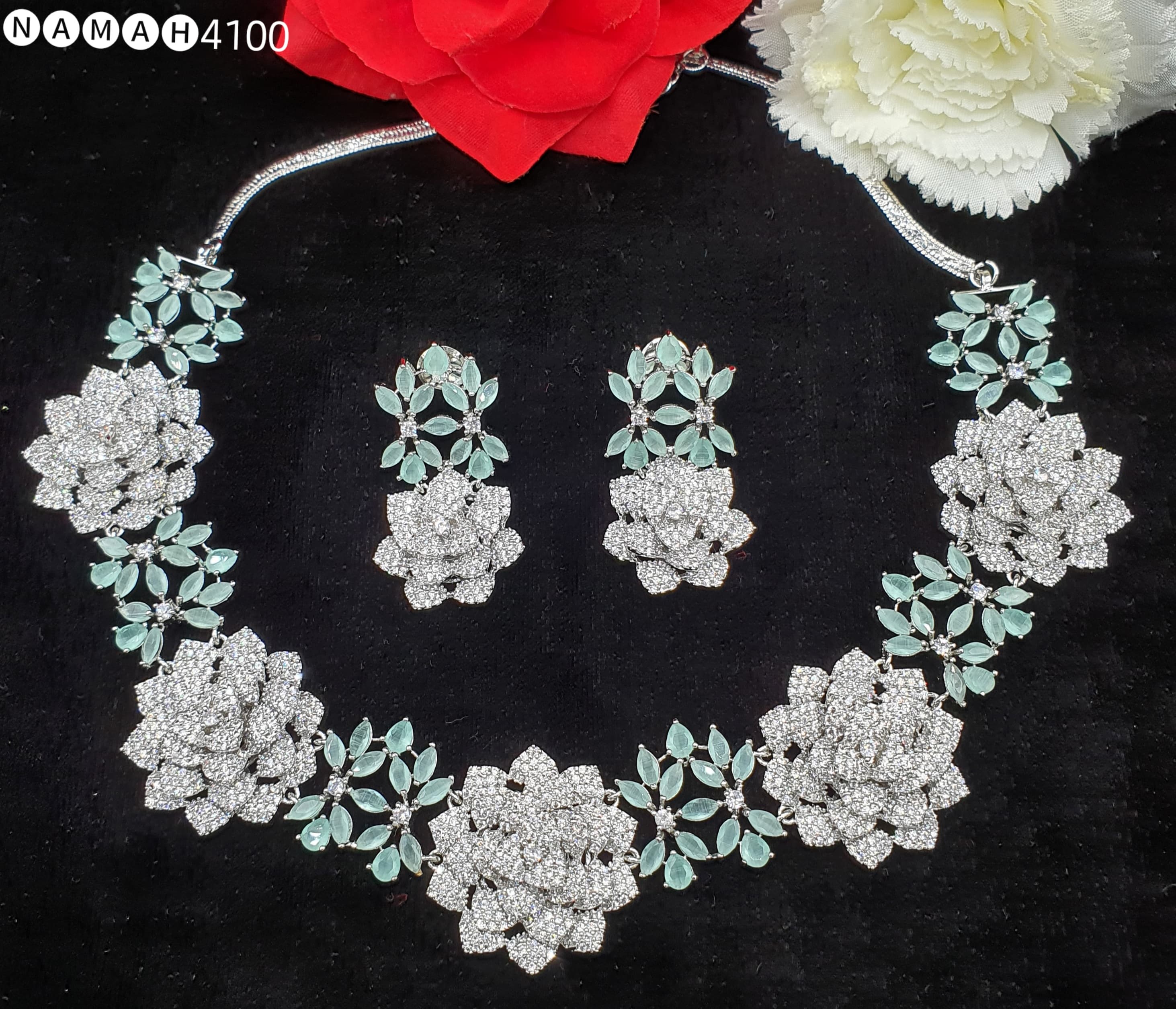 Beautiful American Diamond Antique Stone Necklace with Earrings Jewellery