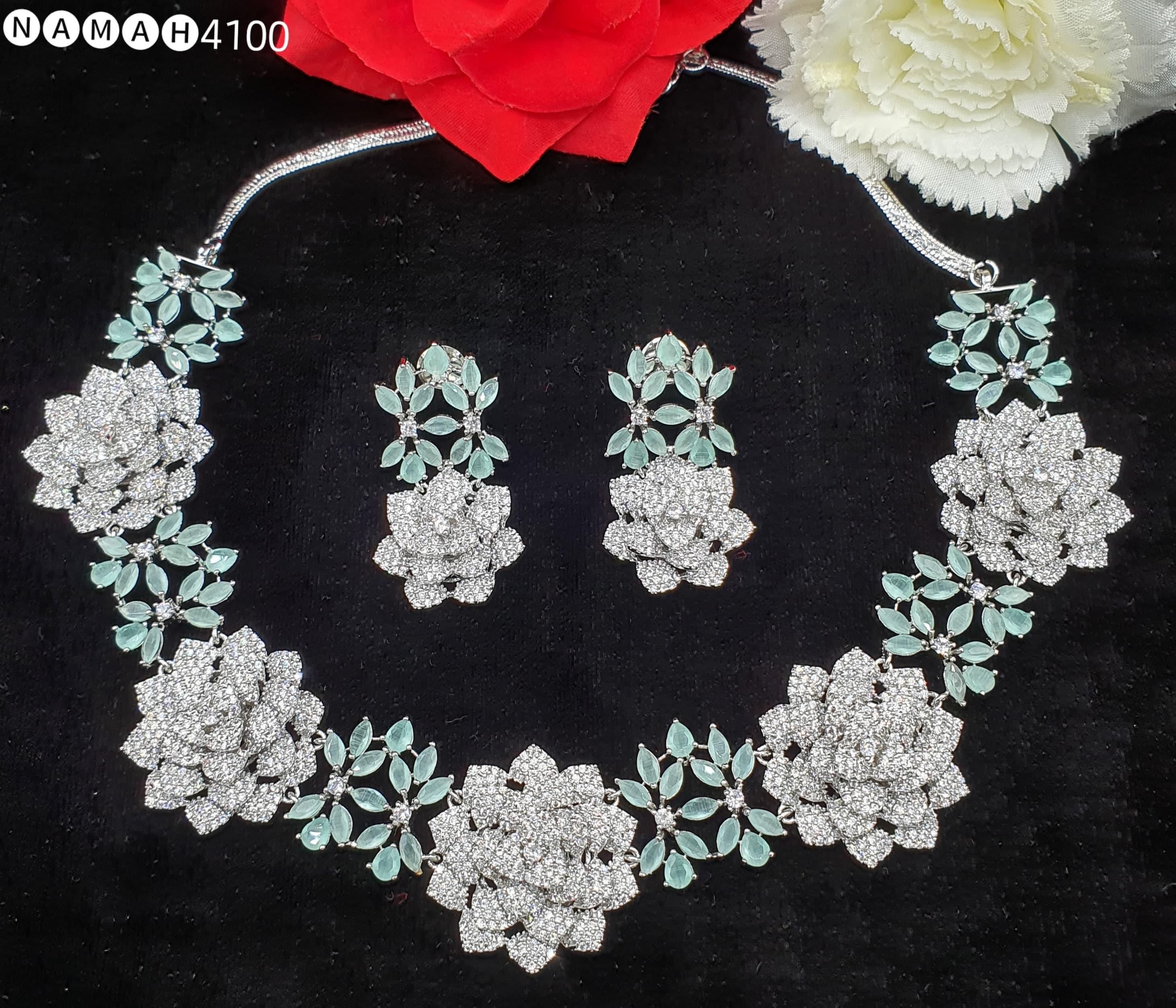 Beautiful American Diamond Antique Stone Necklace with Earrings Jewellery