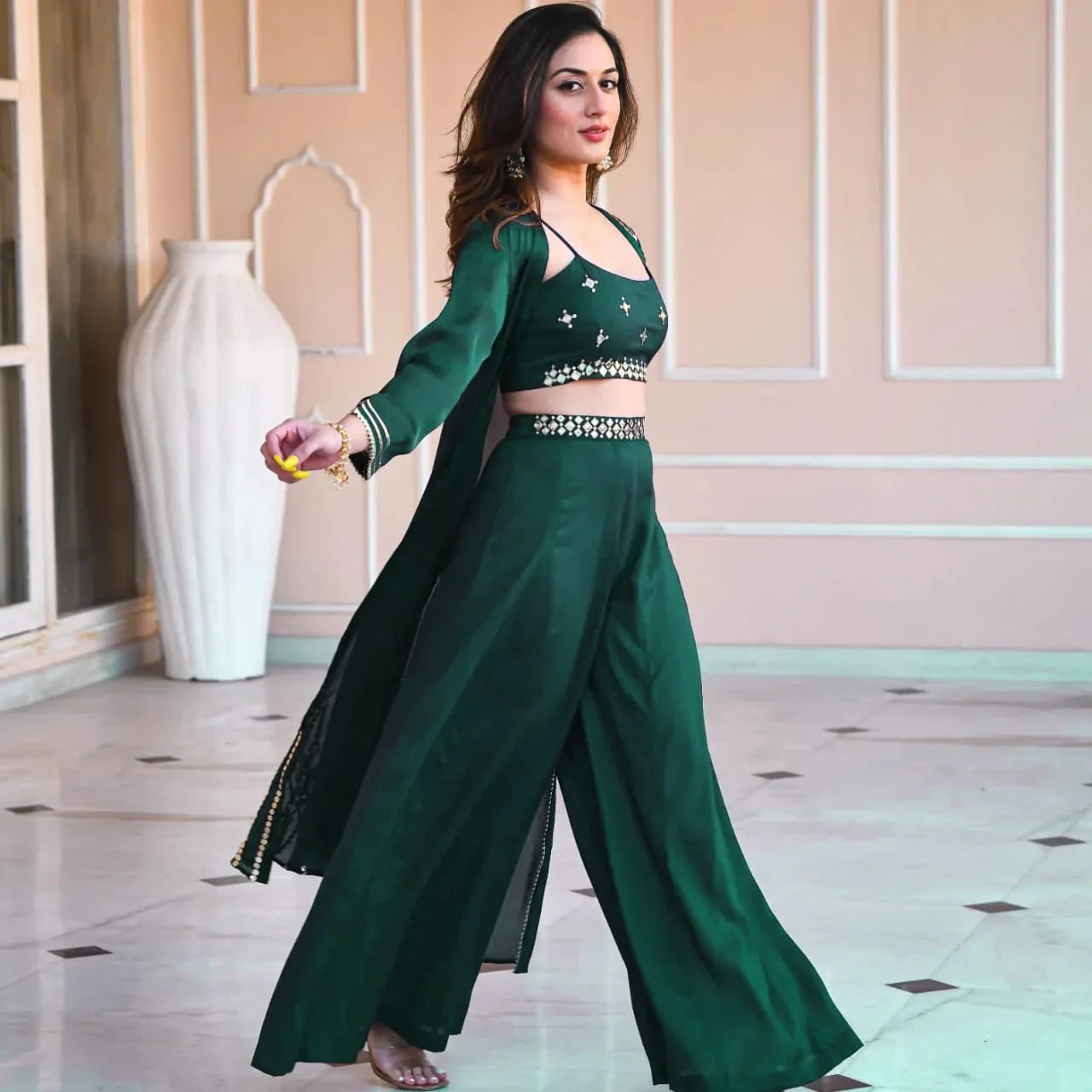 Beautiful Designer Top Pant and Jecekt 3 Piece Sharara Suit