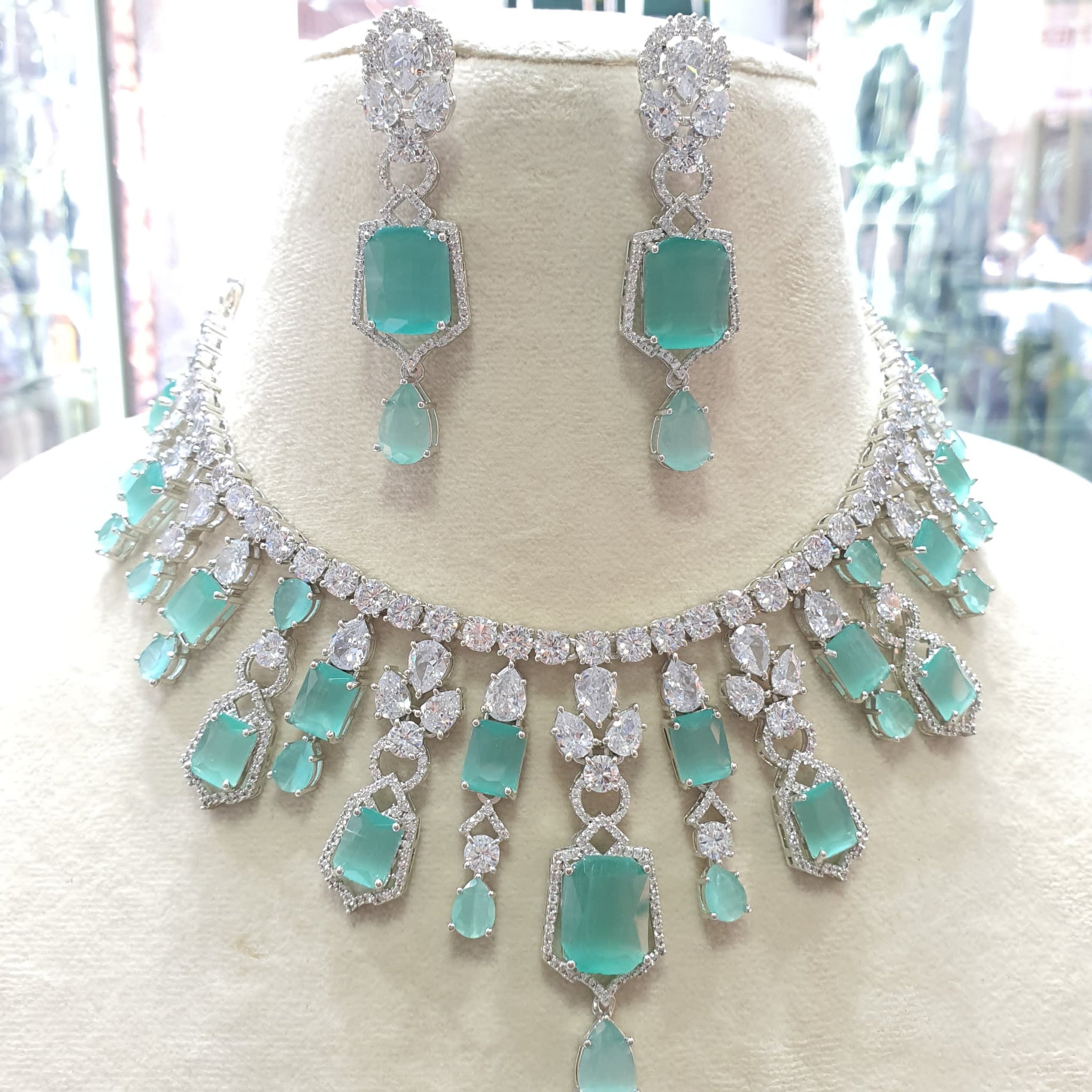 Wedding Special American Diamond Antique Stone Necklace with Earrings Jewellery