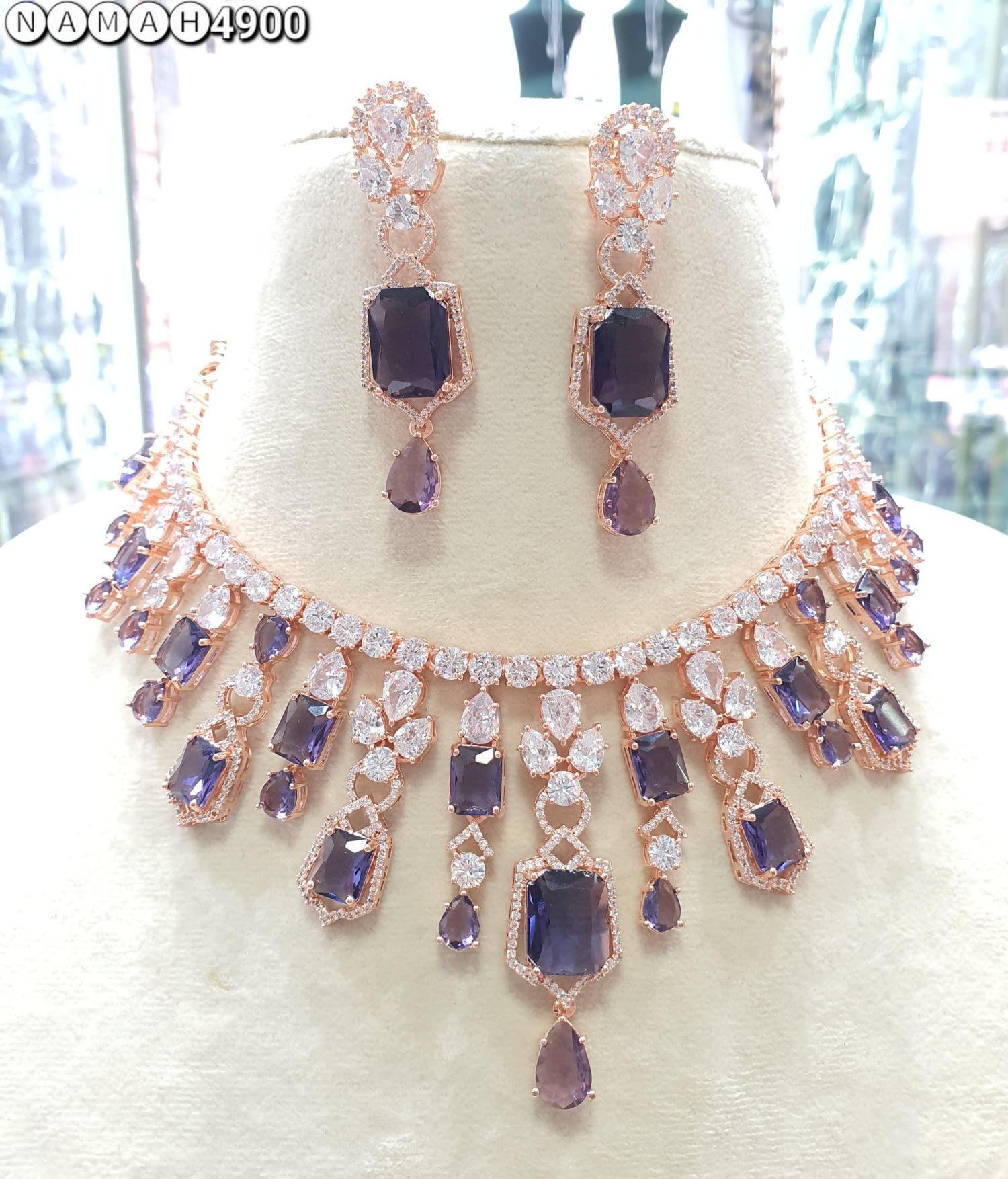Wedding Special American Diamond Antique Stone Necklace with Earrings Jewellery